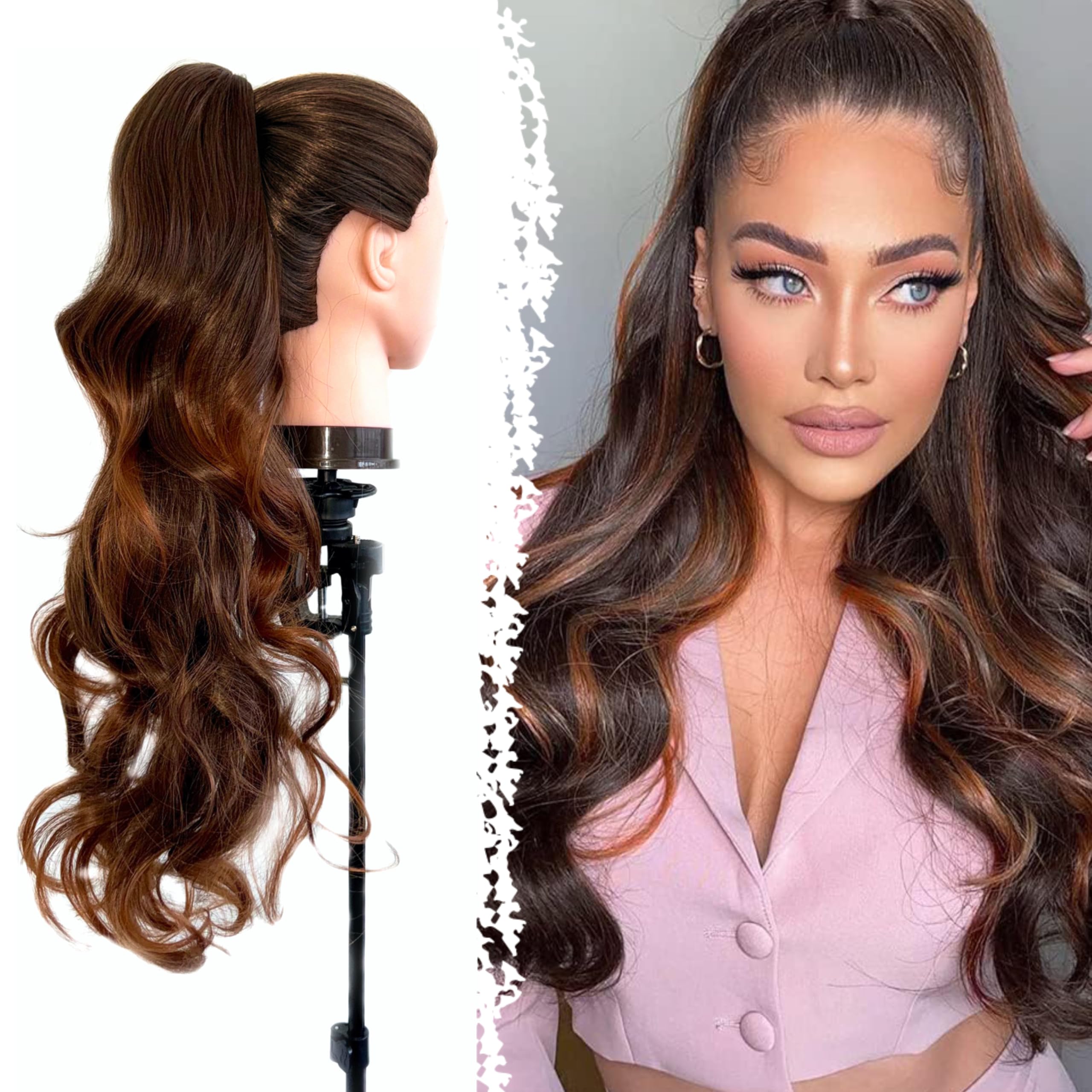 Hair Tail Exstension Brown Ombre Copper Brown Natural Effect Hairpieces for Hair Wavy and Wavy Ponytail