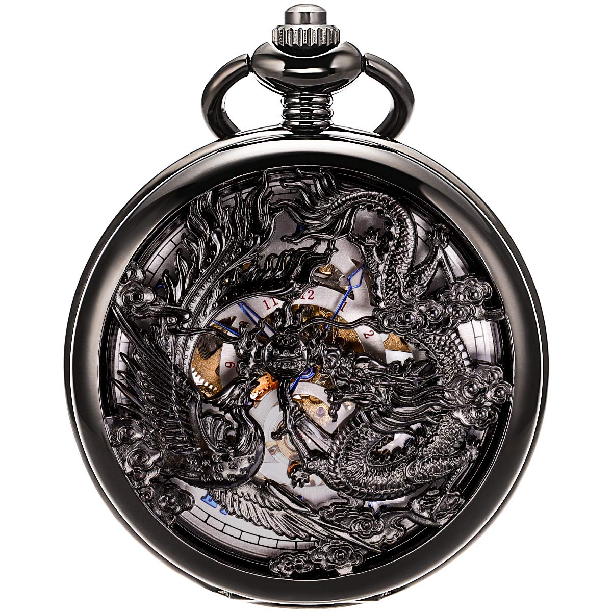 SIBOSUN Mechanical Pocket Watches Mens Lucky Phoenix and Dragon Skeleton Pocket Watch Black Antique Roman Numerals Box
