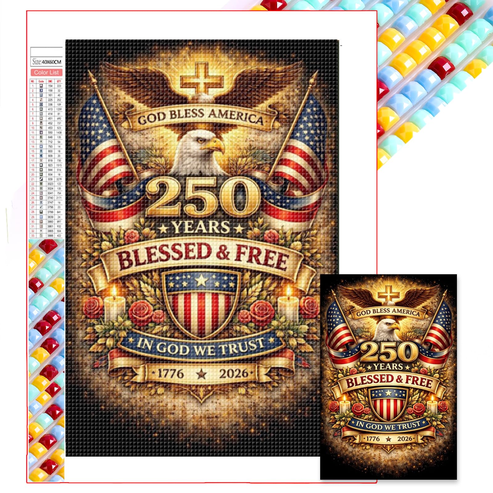 POETRYDRAW Patriotic Eagle 250th Anniversary DIY 5D Square Drill Diamond Art Kit 17.72x29.53in Crystal Rhinestone Painting for Adults & Beginners Gift