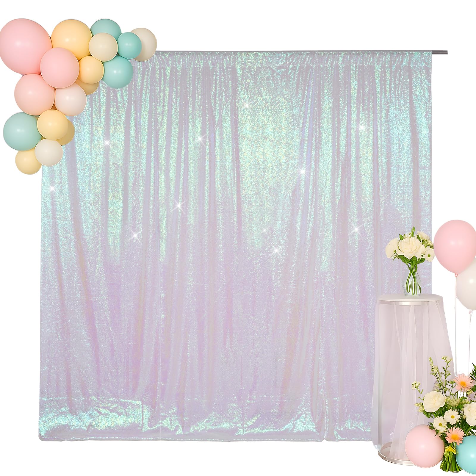 SquarePie Sequin Backdrop Non-Transparent Background Sparkly Curtain for Wedding Party 8FT x 8FT Iridescent
