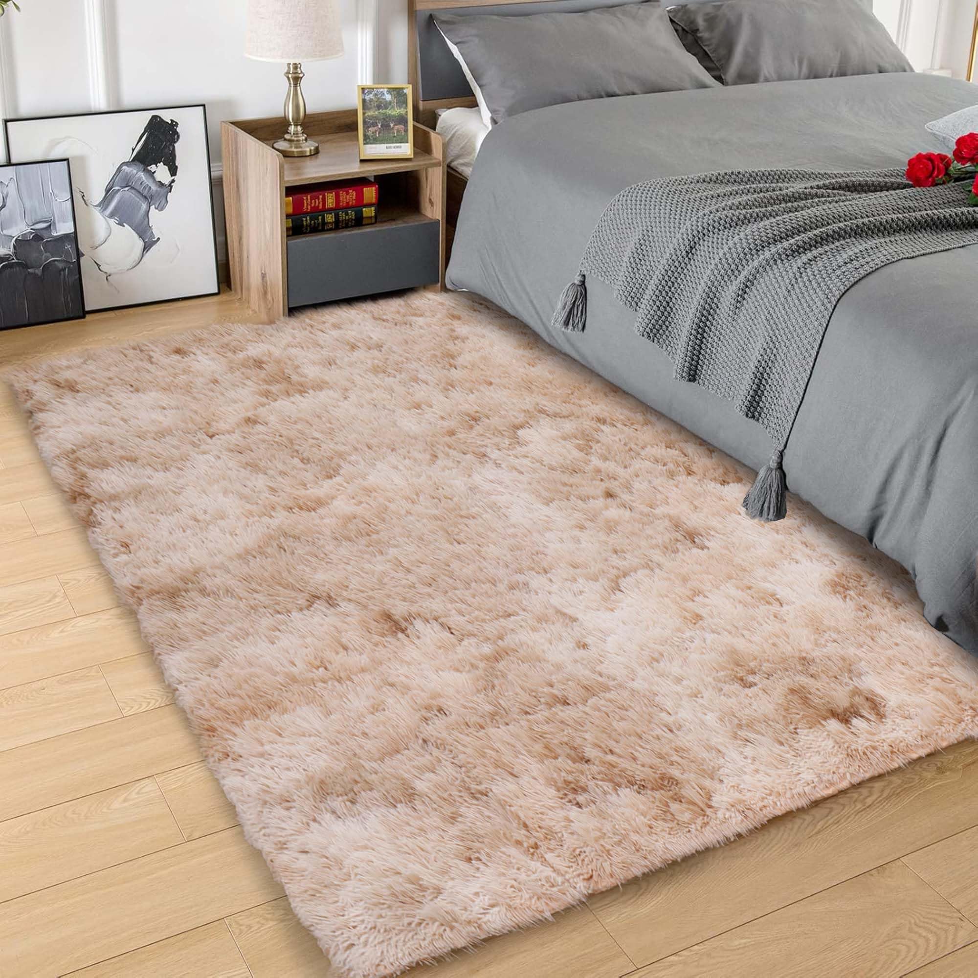 Hafaa Fluffy Shaggy Rugs Living Room Tie-Dye Beige 80x150 cm, Non-Slip Carpet Runner Rugs for Hallway, Soft Thick Pile Bedside Rug for Kids Bedroom, Nursery - Non-Shedding