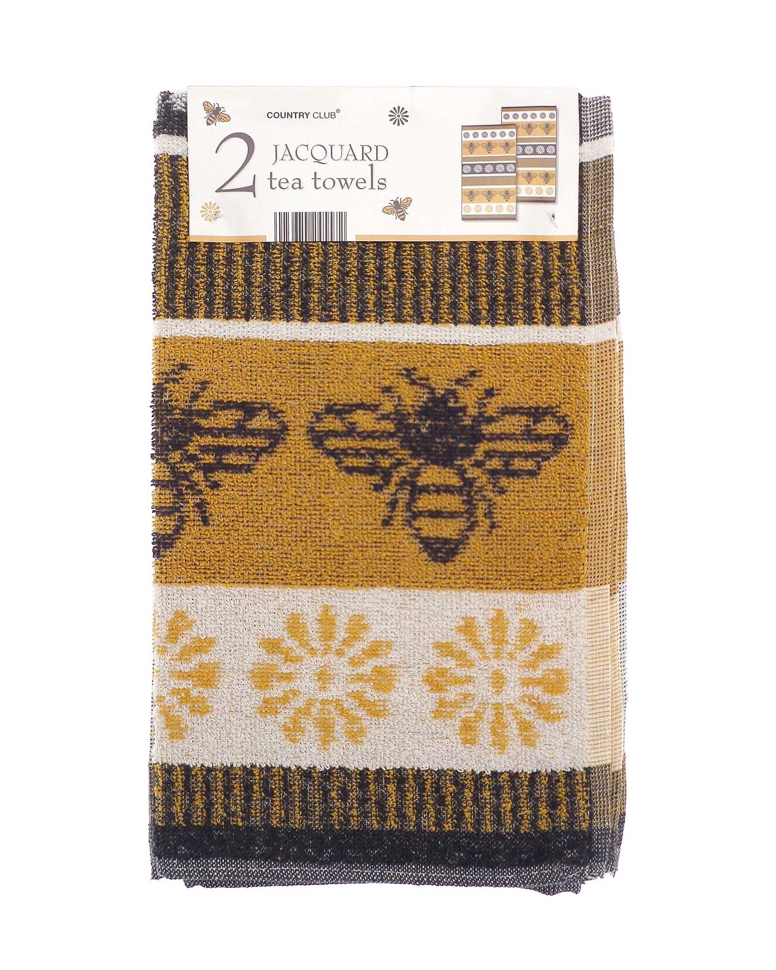 B4E Bee Design Tea Towels, Jacquard and Cotton Velour, Absorbent and Durable Kitchen Towels, 2 and 3 Pack Variants (Jacquard Bees Design / 2 pack)