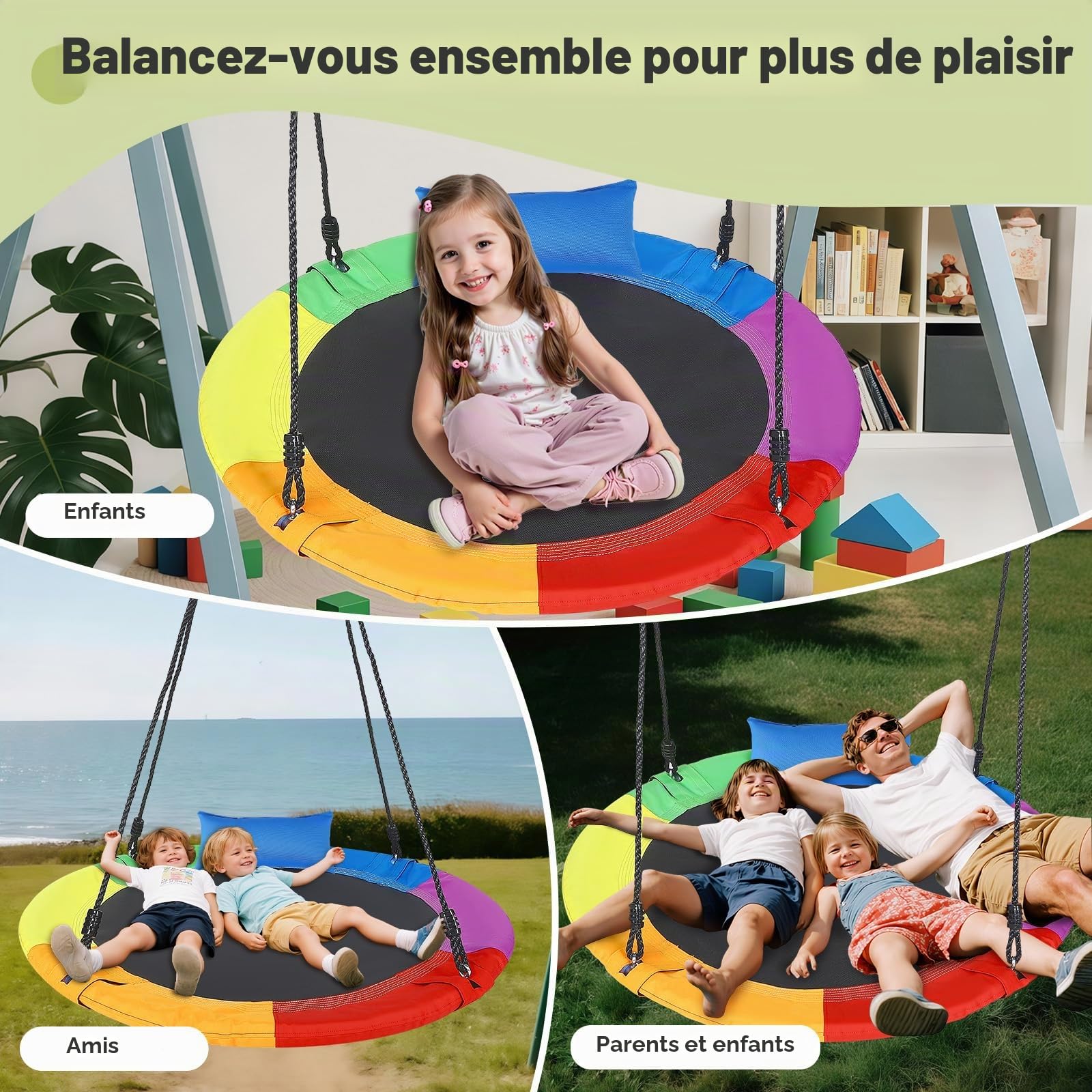 Balançoire Circulaire de 100 cm, capacité de Poids de 300 kg,Oreiller Amovible,Cordes Multi-brins réglables, siège de balançoire sûr et Durable pour Enfants