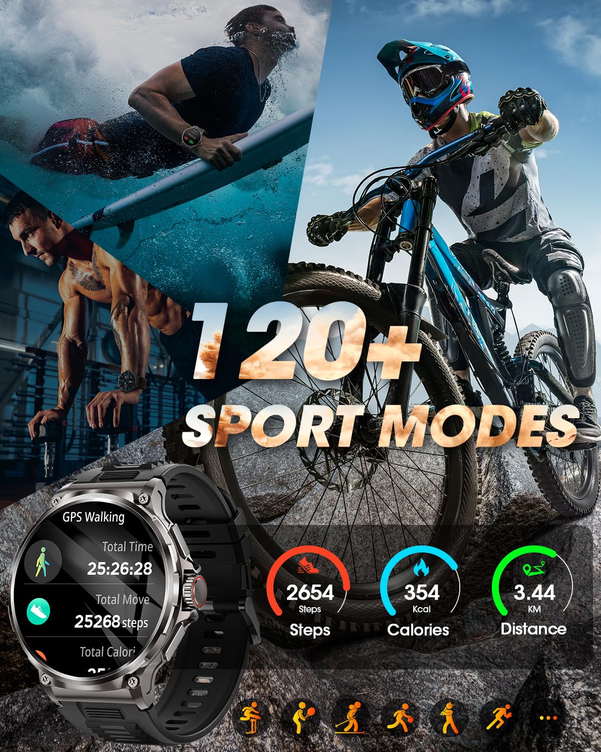 Smartwatch Uomo Militare con 1000mAh, 1,92" HD Smart Watch Orologio con Chiamate, 120+ Modalità Sportive, 5ATM, 24/7 Cardiofrequenzimetro, Sonno, Notifiche Messaggi, Fitness Tracker Android iOS Nero