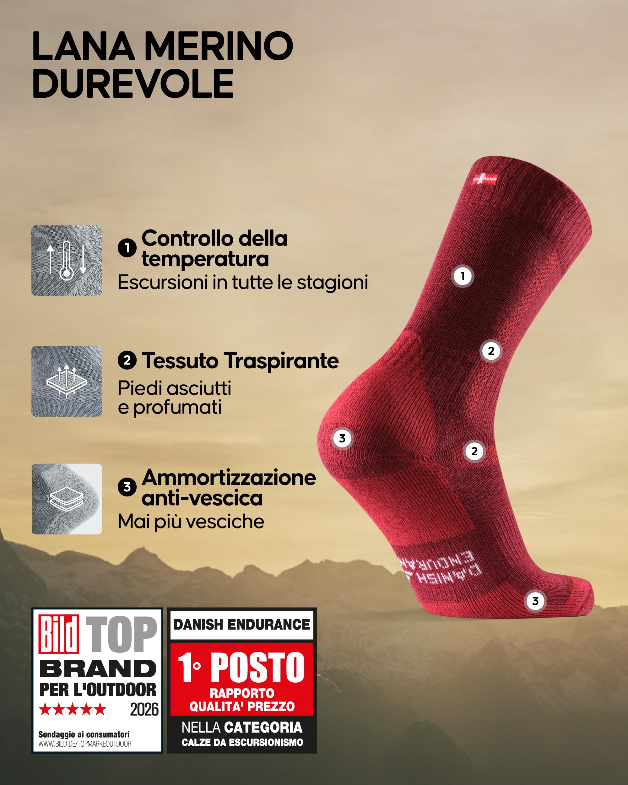 DANISH ENDURANCE Calze Trekking in Lana Merino, Anti-Vesciche, Calzini Escursionismo da Uomo, Donna, Bambino, 3 Paia