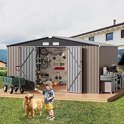 GVDV 10X12 FT Outdoor Storage Shed, Durable Metal Outside Storage for Garden, Patio and Backyard, Waterproof Shelter for Tools, Equipment