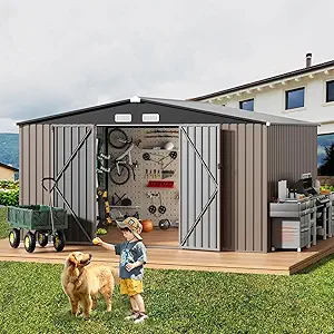 GVDV 10X12 FT Outdoor Storage Shed, Durable Metal Outside Storage for Garden, Patio and Backyard, Waterproof Shelter for Tools, Equipment