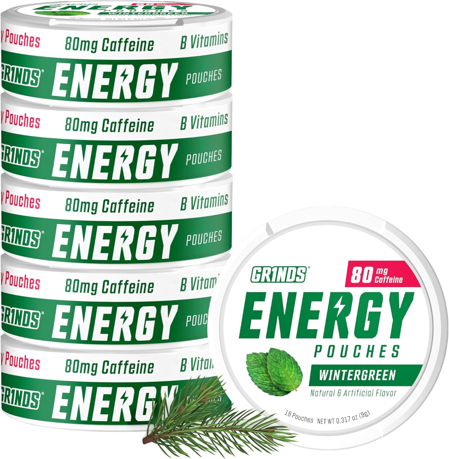 GRINDS Energy Pouches - Natural Caffeine Pouches - Contains B-Vitamins, Sugar-Free, & 0 Calories - 80mg of Caffeine in Each Pouch - Wintergreen - 6 Pack, 15 Pouches Per Can