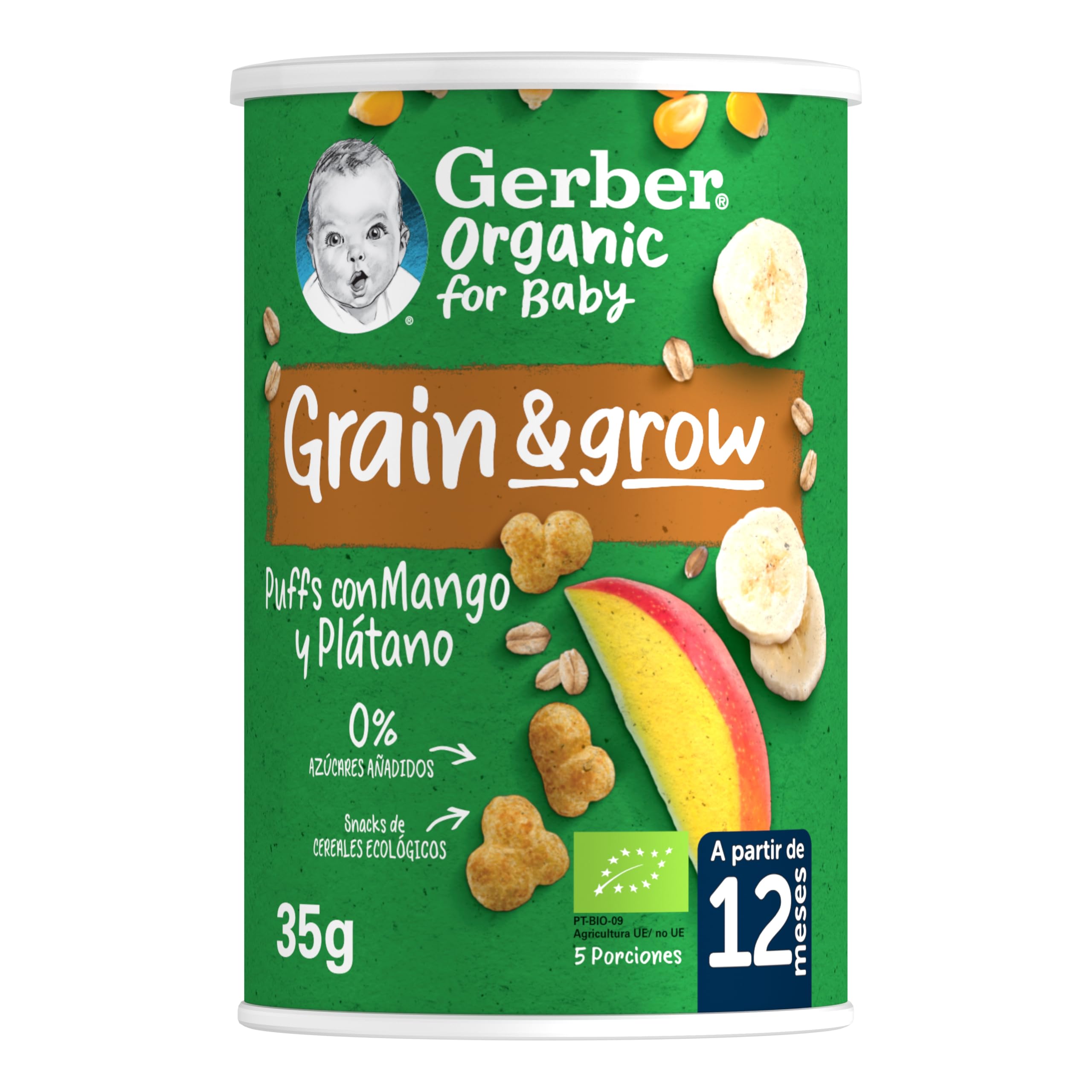 Gerber Organic Snack Maíz y Avena con Mango, 12 meses, 5 x 35 g