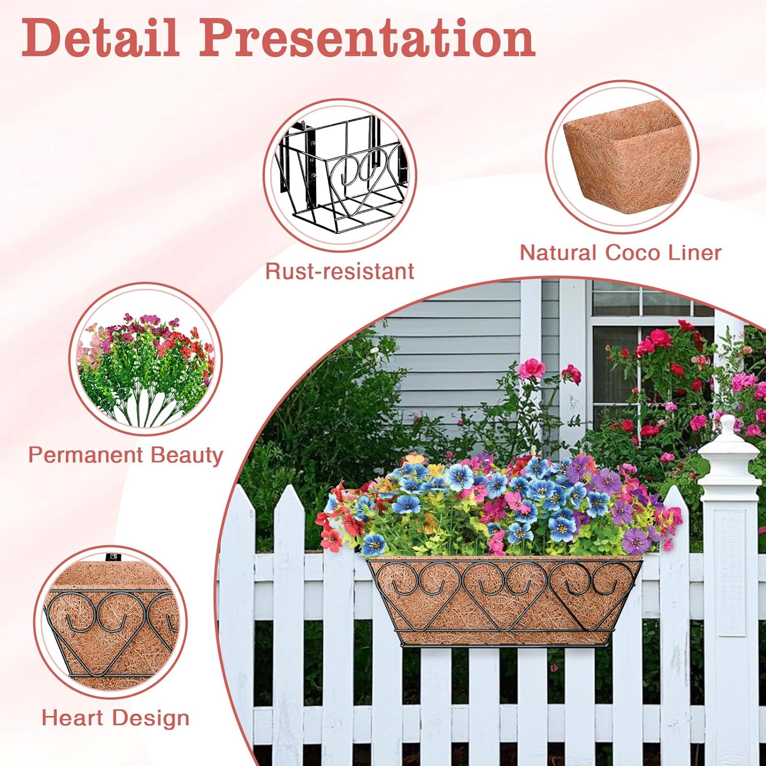 Halatool Railing Planter Box with Artificial Flowers, 16 Inch Metal Window Box with Coconut Liners & 12 PCS UV-Resistant Colorful Faux Flowers for Porch Patio Balcony Windowsill All Season Home Decor