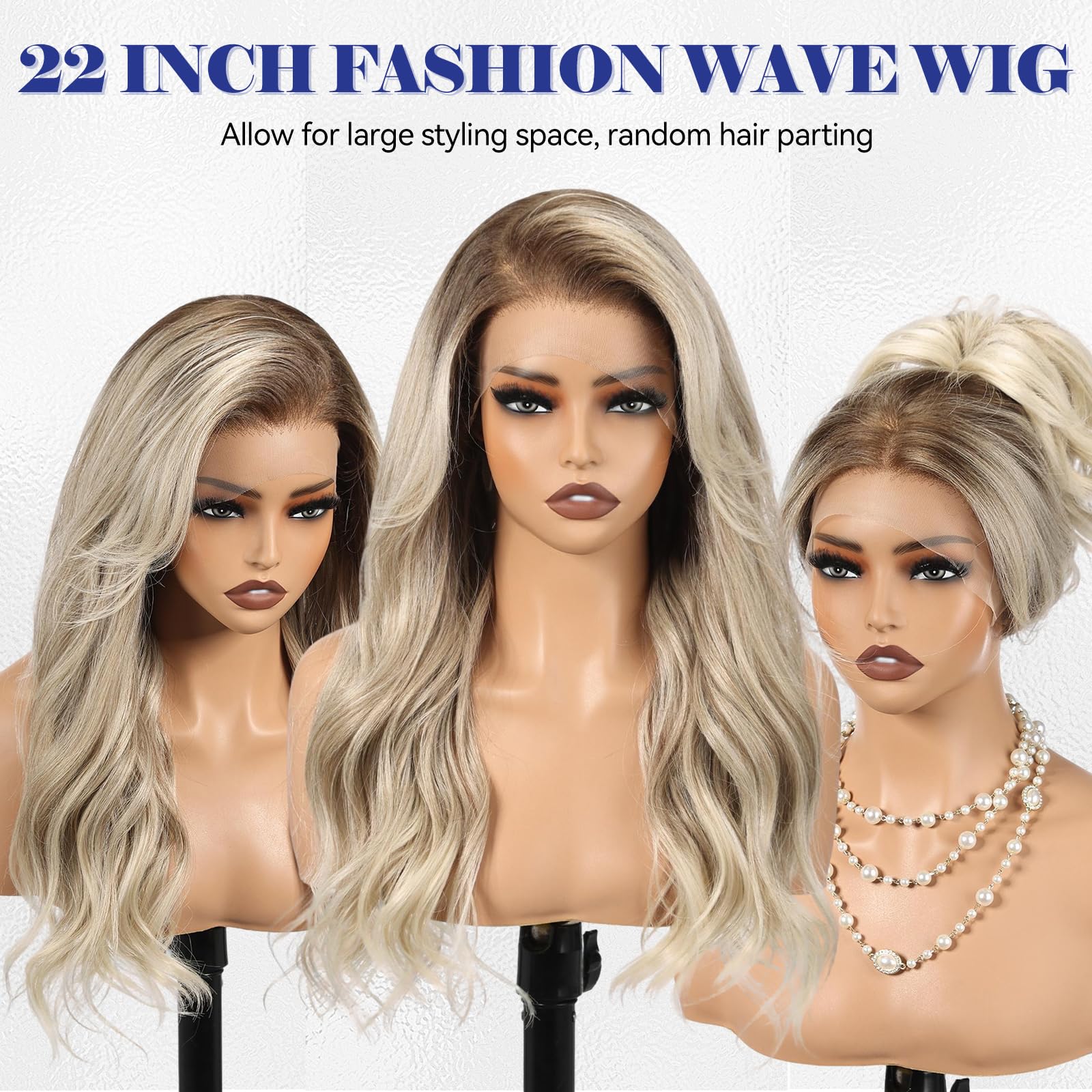 HAIRCUBE 13x6 HD Lace Front Perücke, 22 Zoll, synthetisches Ombré-Aschblond, lange Wellen, gestuft, kleberlos, für Damen, natürlicher Look, alltagstauglich