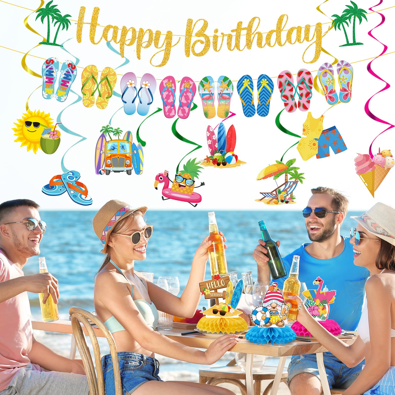 VorkiVecKi Decoraciones de fiesta de cumpleaños de verano, juego de 13 piezas de decoración de remolinos colgantes para piscina de playa, para niños, suministros de pancarta de Hello Summer Slip Flop