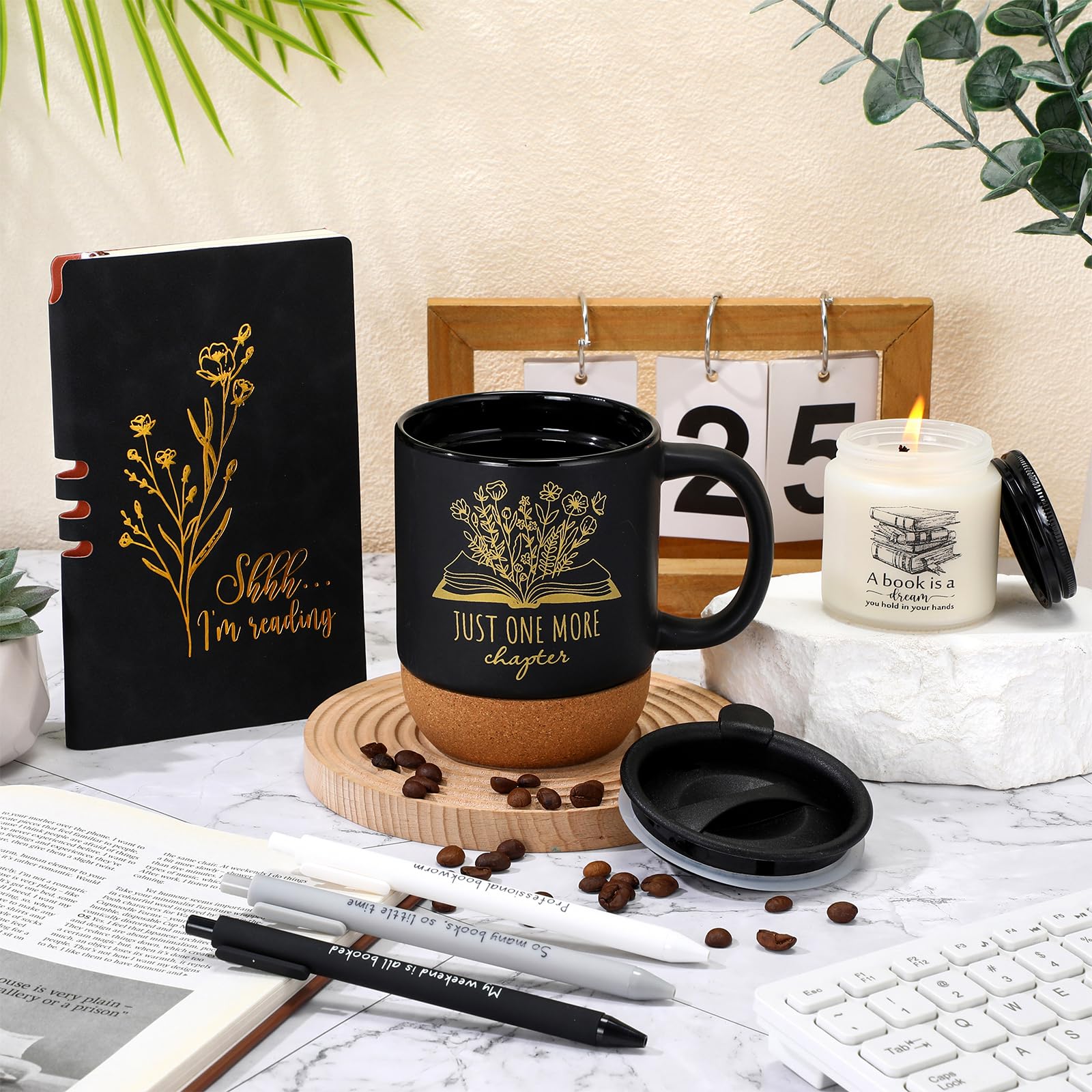Baderke Regalos para amantes de los libros, tazas de cerámica con parte inferior de corcho, diario A6, cuaderno de velas, bolígrafos de lectura, regalos para mujeres y hombres, gusanos de libros, club