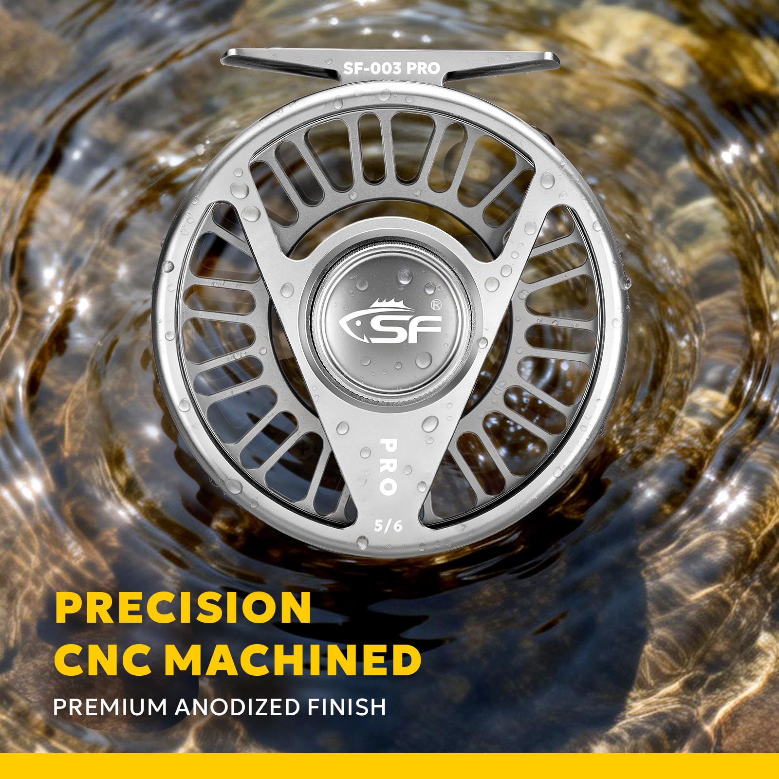 SF Moulinet de pêche à la mouche SF-003 Pro pour eau douce, processus d'usinage de précision CNC, design à axe moyen, système de traînée lisse, corps en aluminium léger