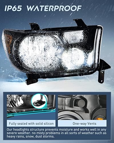 Miniatura 4 de Nilight Conjunto de faros delanteros para Toyota Tundra 2007 2008 2009 2010 2011 2012 2013 Sequoia 2008-2017 repuesto carcasa negra reflector ámbar