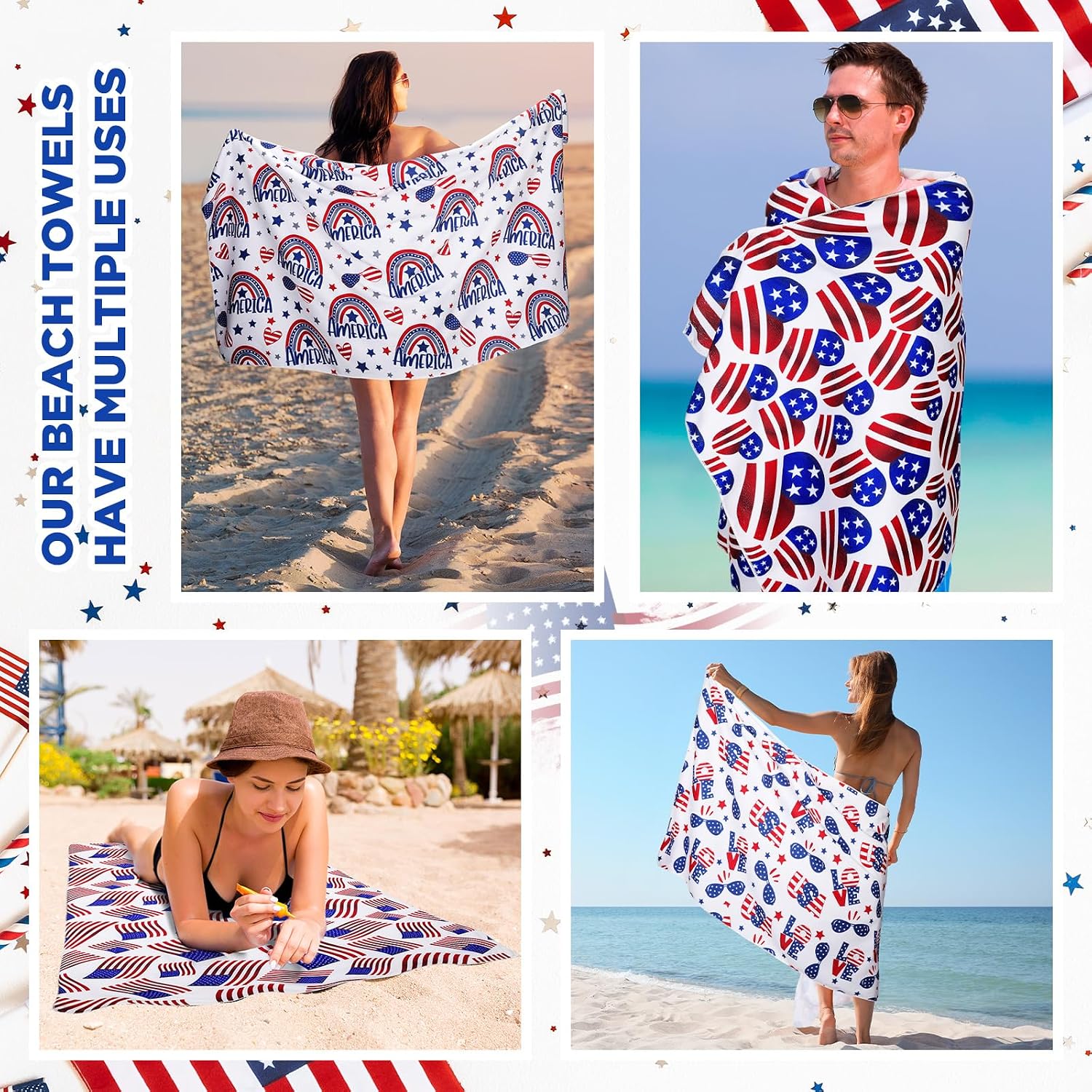 Newwiee 4 Pcs Microfiber Beach Towels Oversized Absorbent Beach Towel for Adults Sand Free Beach Towel Quick Dry Travel Towel for Travel Pool Camping Sports Swimming Kids Adults (Independence Day)