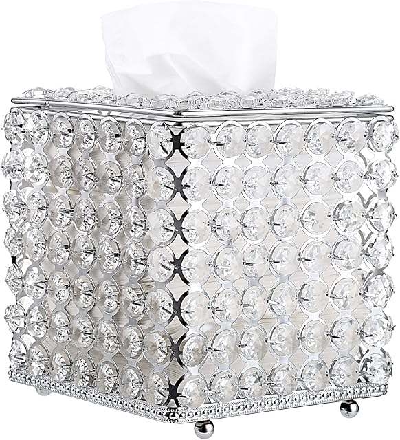 SUMTree Crystal Household Cube Facial Tissue Box Holder, Square Tissue Holder Box Napkin Organizer for Dining Room, Bathroom, Bedroom, Vanity Countertop, Silver