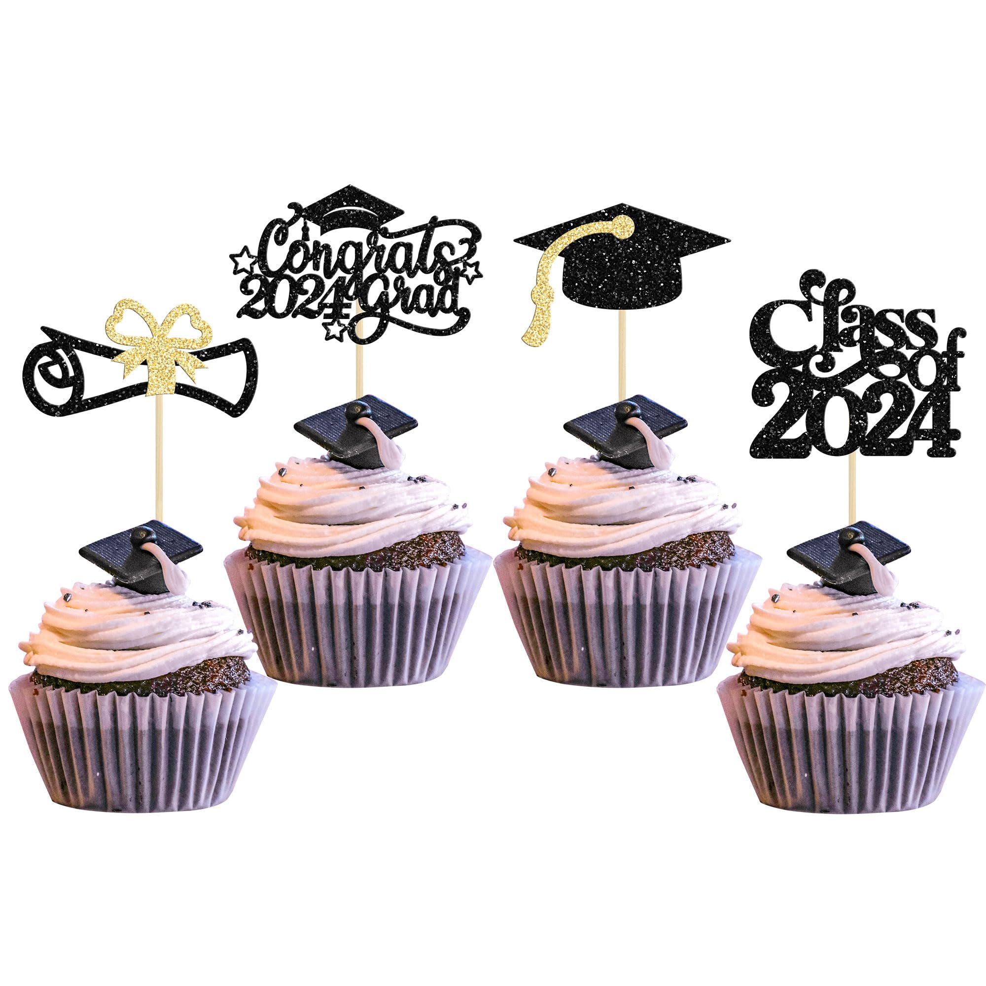 Gyufise 24Pcs 2026 Graduation Cupcake Toppers Glitter Class of 2026 Congrats Grad 2026 Cap Diploma Cupcake Picks 2026 Graduation Theme Party Cake Decorations Supplies Black