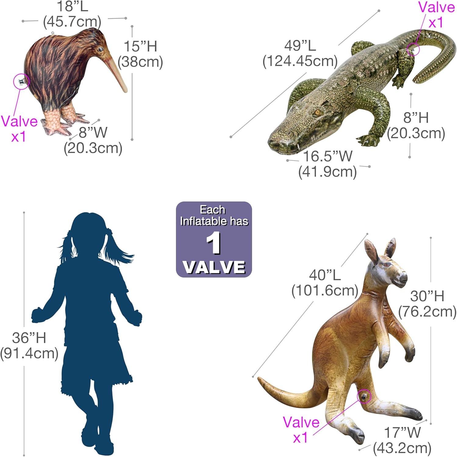Jet Creations Life on Earth Wildlife Safari Inflatable, 3-PK, Kangaroo, Kiwi Bird, Alligator, Realistic Animals for Party Decoration, Pool, Birthday, Jungle Photo Prop