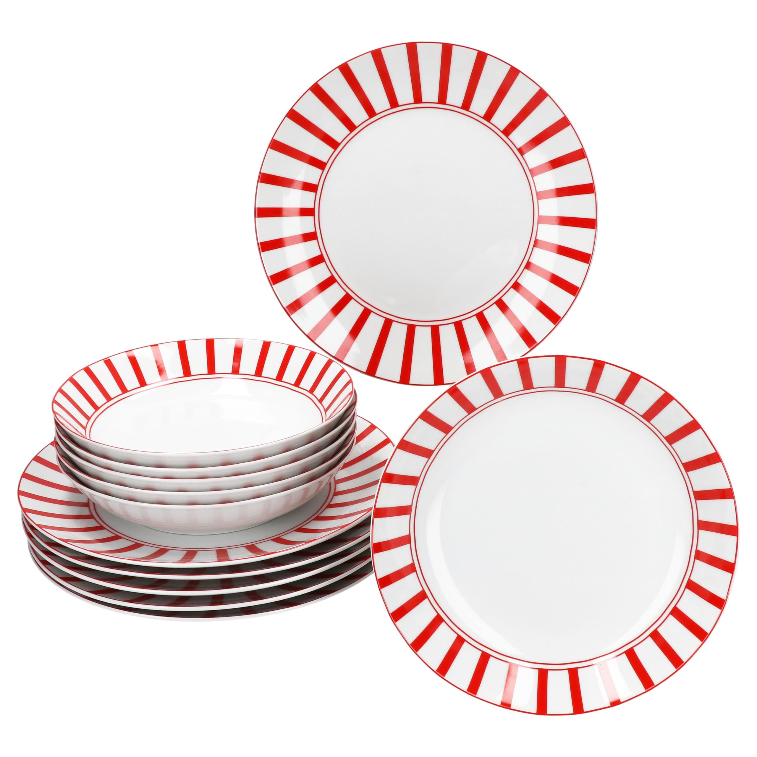 MamboCat Service de table Split rouge 12 pièces - Vaisselle en porcelaine blanche avec rayures pour 6 personnes - 6 assiettes creuses et 6 assiettes plates pour petit-déjeuner, déjeuner et dîner
