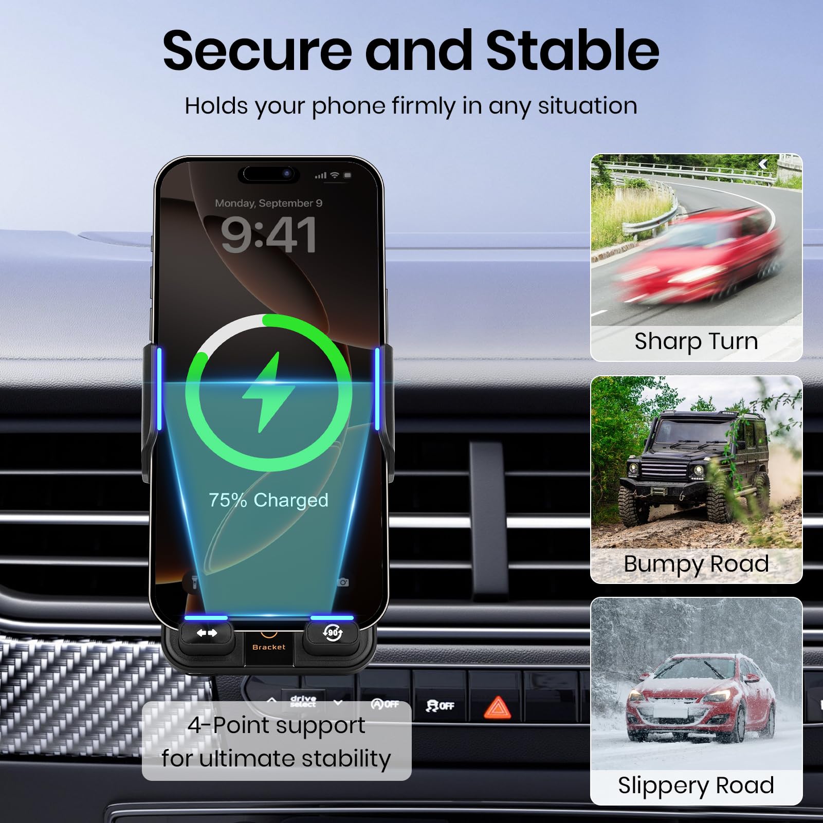 Supporto per telefono da auto con caricabatterie wireless da auto da 15 W, staffa di montaggio per bocchetta dell'aria con apertura e chiusura a induzione, supporto per telefono con regolazione della