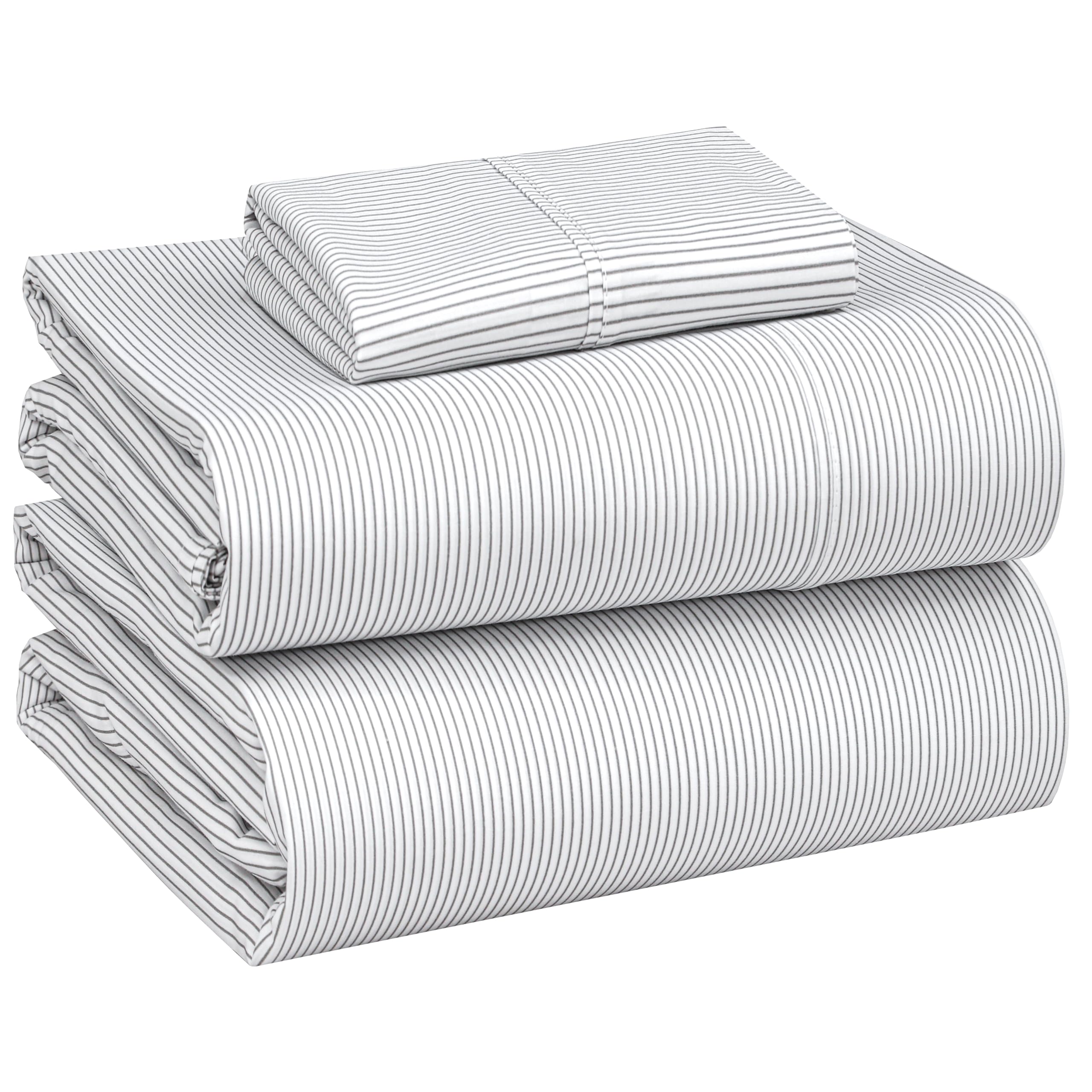 Ruvanti Grey Pinn Stripe 100% Cotton Percale Sheets Twin Size – Crisp Cooling Bed Sheets For Hot Sleepers, Deep Pocket 16”, Soft Breathable & Durable Hotel-Style 3 Piece Set,