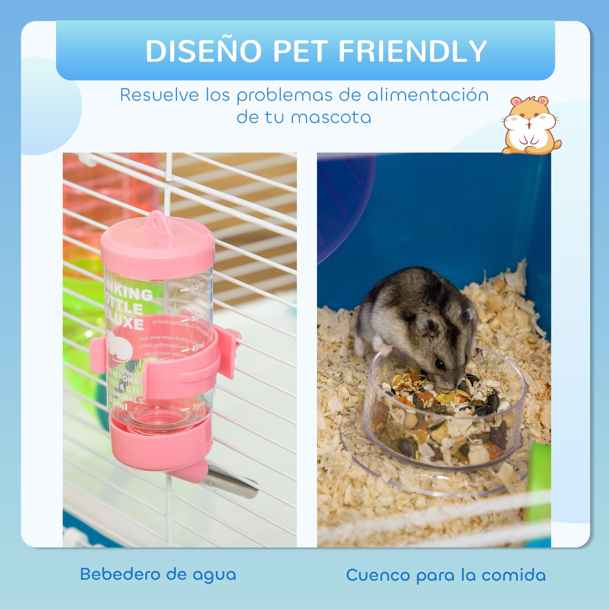 PawHut Jaula para Hámster 59x36x69 cm Casa para Animales Pequeños con Túnel Plataformas Cuenco Bebedero Casita Rampas y Rueda de Ejercicio Azul