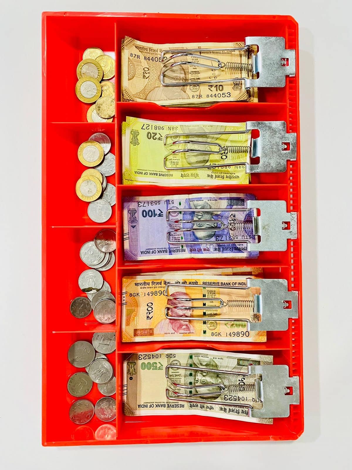 ABS Cash Drawer, 5 Cash and 4 Coin Compartment, Cashier Storage Safe Box | Metal Clip | 40.5 X 24.5X 3.5 cm | Red