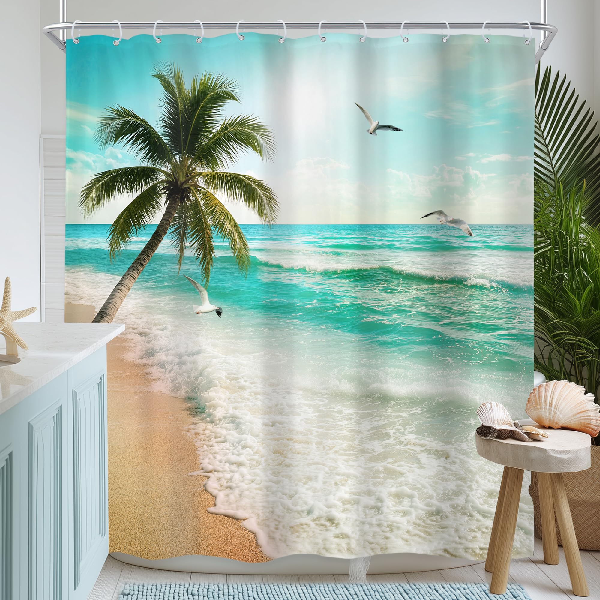 Ocean Coastal Beach Hawaiian Tropical Seagull Bathroom Shower Curtain Set — image 1
