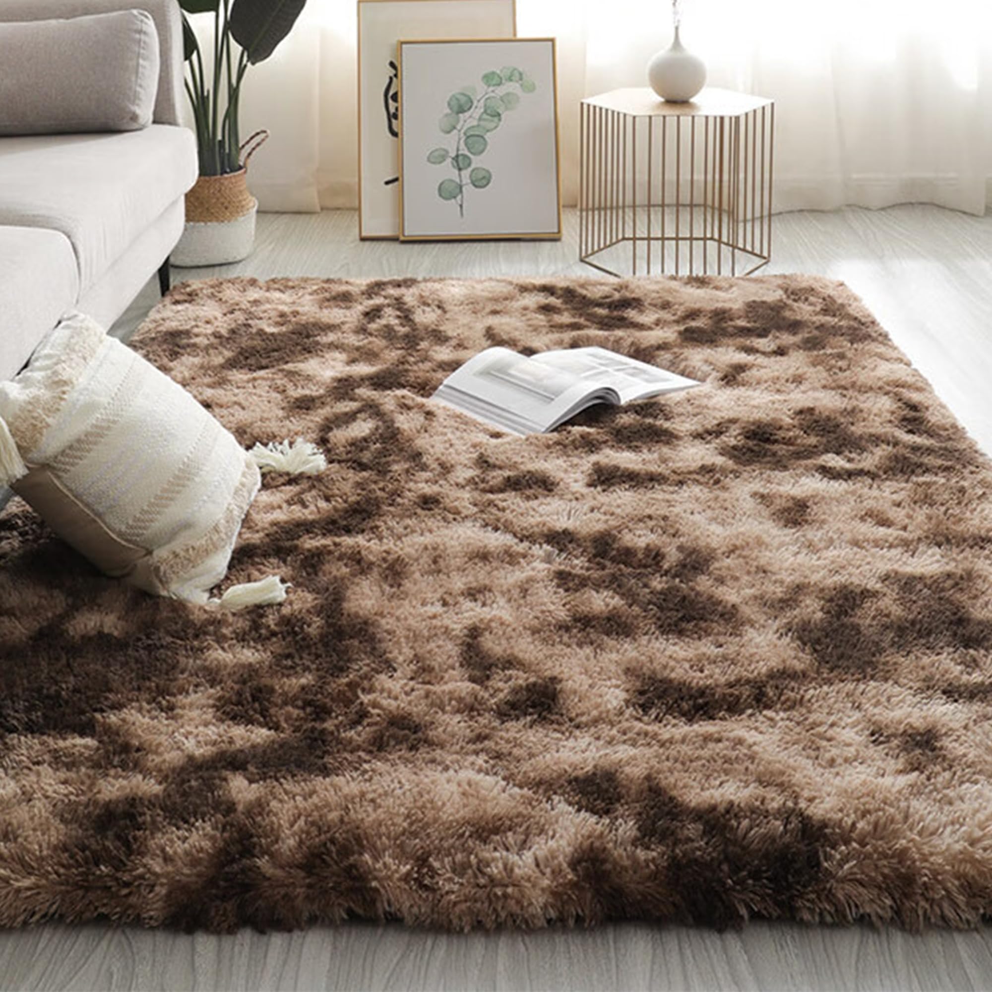 Tapis de sol 150 x 360 cm marron shaggy à poil long épais et lavable pour chambre