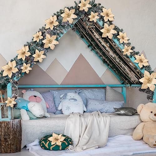 Miniatura 10 de 24 piezas de flores de pascua con brillantina para Navidad de 3 tamaños, flores de imitación para bodas, adornos navideños para el árbol de Navidad,