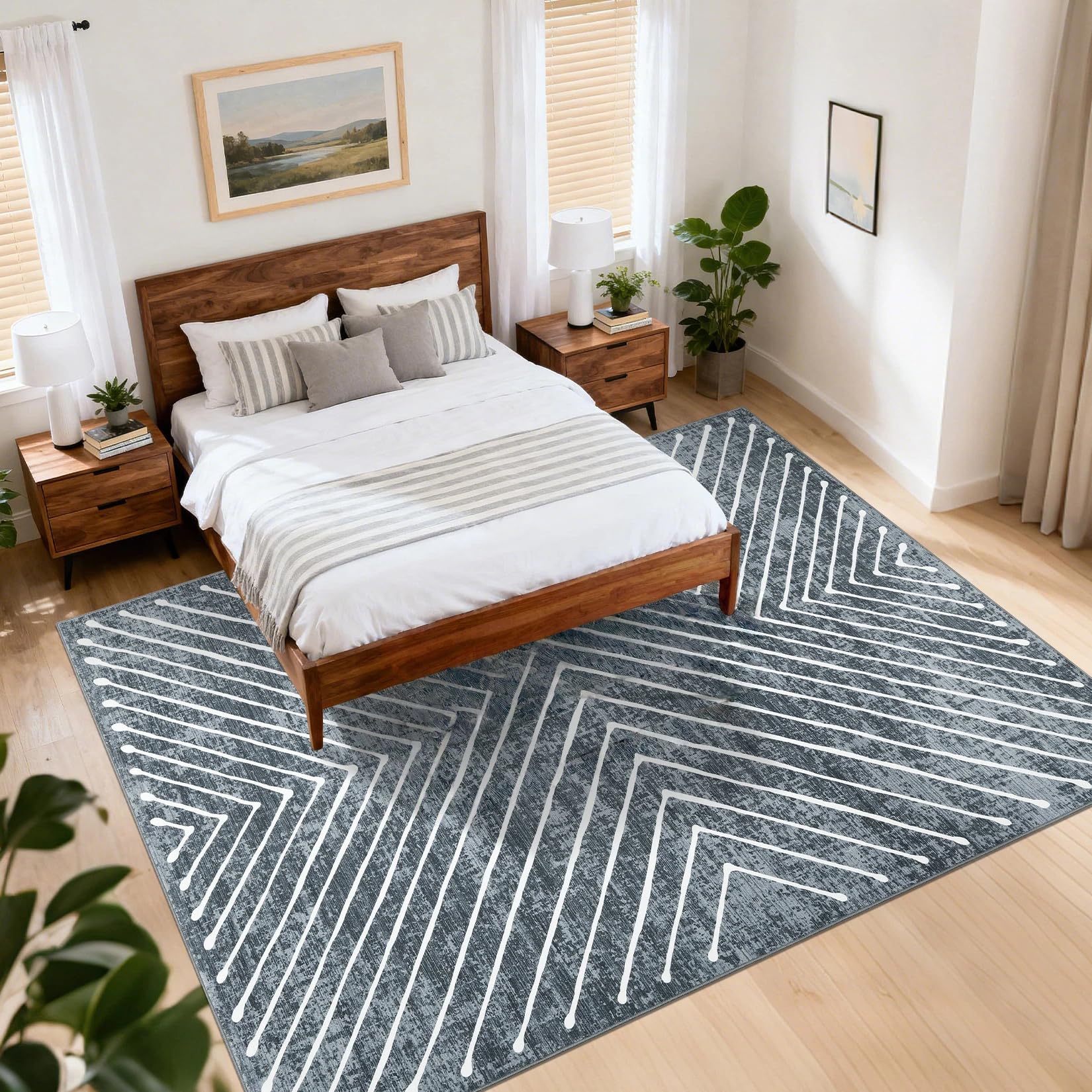 LuxFocus Großer Wohnzimmerteppich 200x290 cm, Minimalistischer Kurzflor-Teppich mit symmetrischem geometrischem Linien-Design, rutschfest, Waschbarer Teppich für Schlafzimmer & Esszimmer, Dunkelgrau