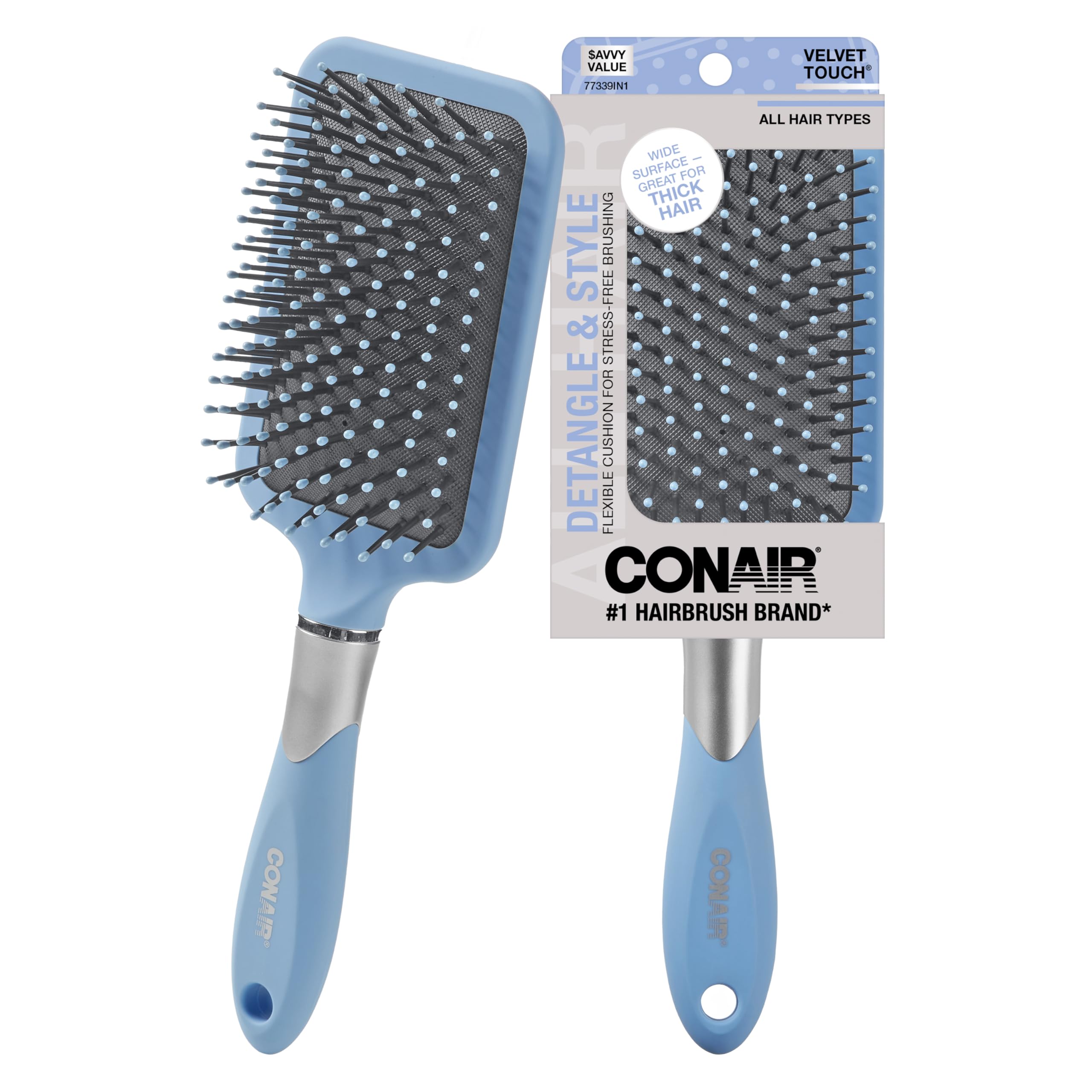Conair Velvet Touch Paddle Cushion hair brush - Detangling hairbrush - curly or straight styles - men or
