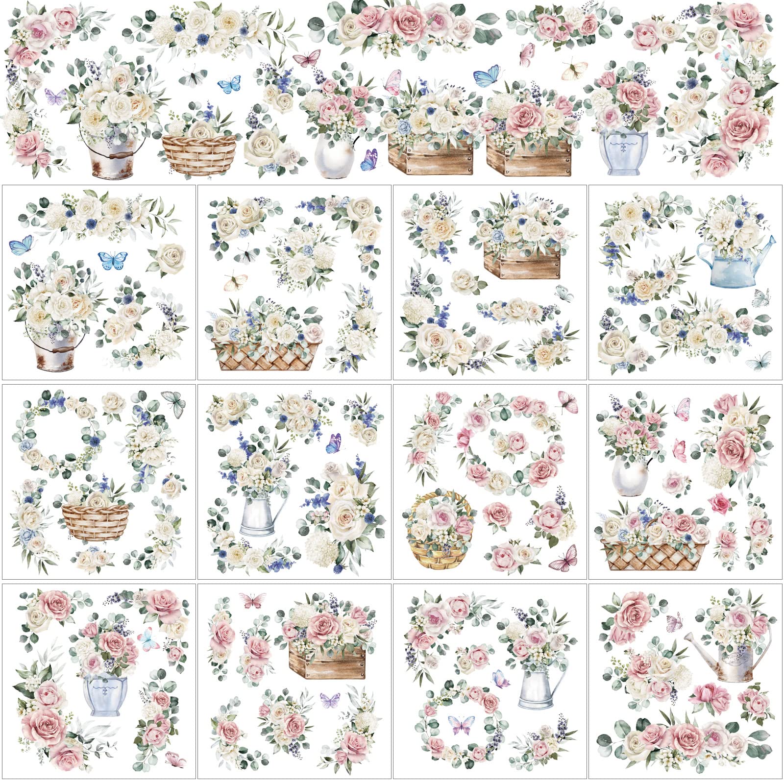 BBTO 12 Sheets Rub on Transfers for Crafts and Furniture Rub on Transfer Stickers Decals for Wood DIY Paper Home Decor, 5.5 x 5.7 Inch(White Rose)
