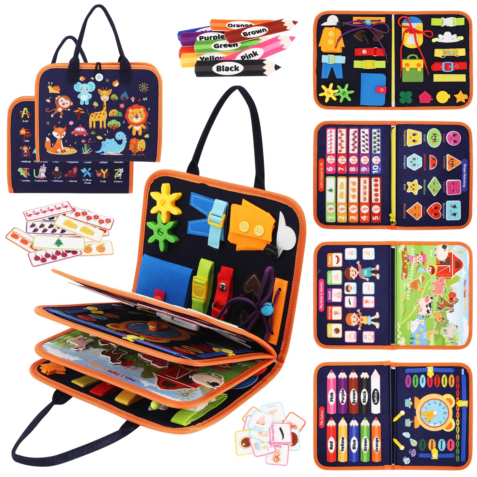 Montessori Book 1 2 Years, Busy Board Montessori Felt Busy Book, Sensory Board Toys, Educational Games Kids 2 3 4 5 Years, Fine Motor and Child Autonomy for Boys and Girls
