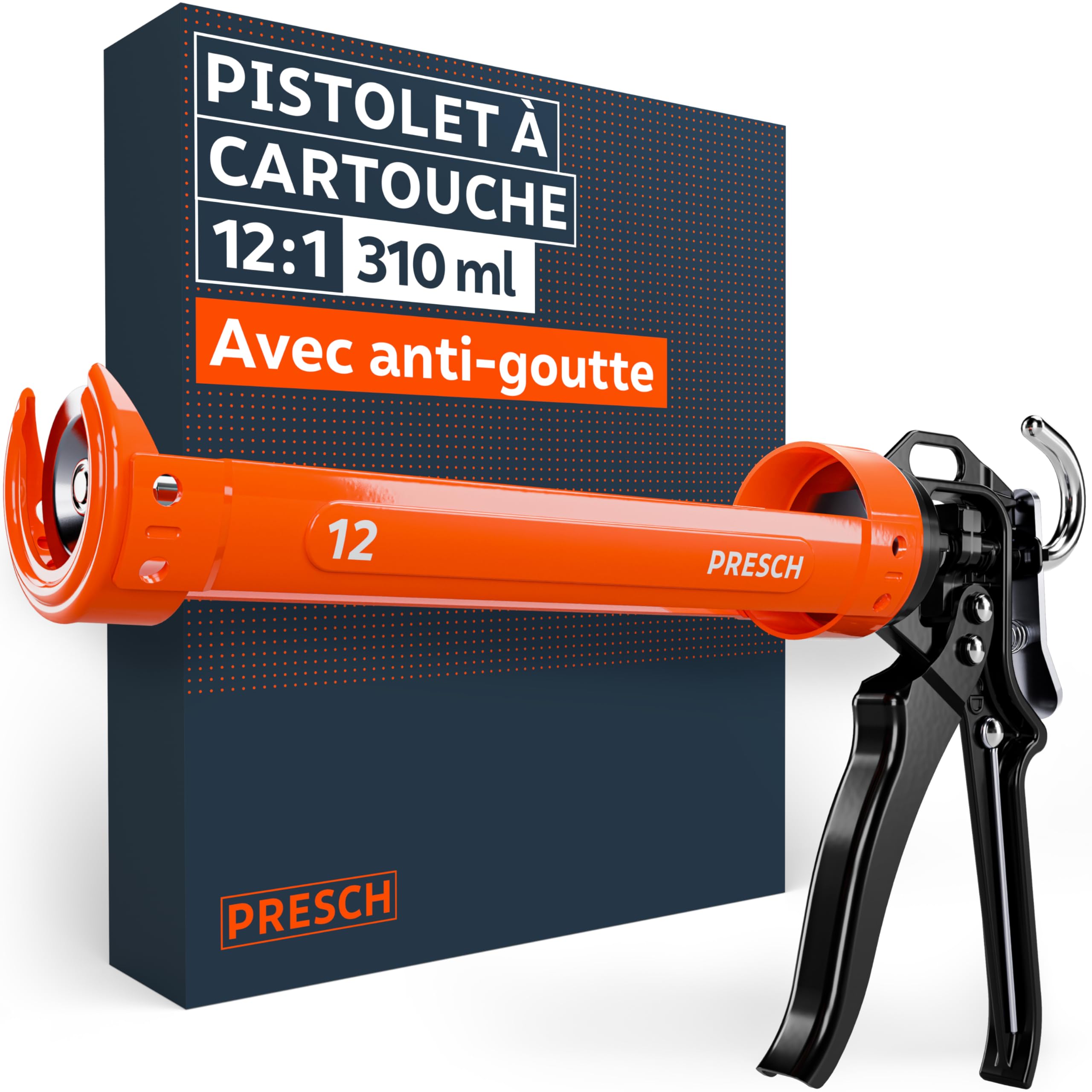 Presch Pistolet silicone 12:1 rapport de poussée anti-goutte – Pistolet à cartouche 310ml pivotement 360° aiguille de perçage