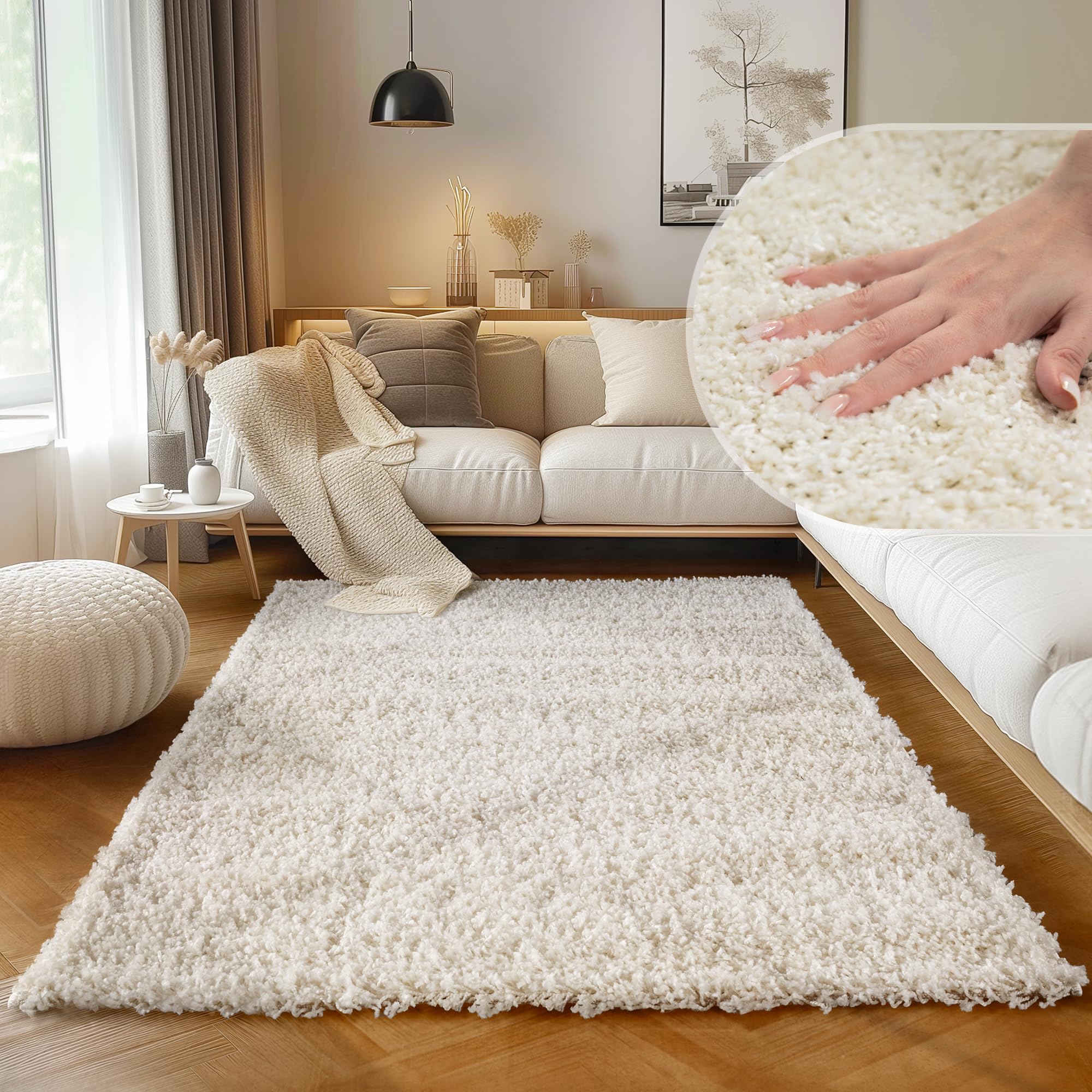 SIMPEX tappeto shaggy a pelo lungo color crema 140x200 cm molto morbido moderno tinta unita versatile per soggiorno camera o ingresso comfort e stile senza tempo