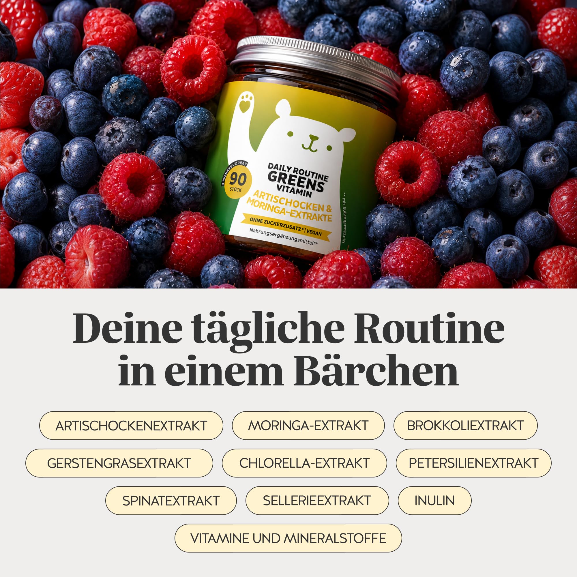 Bears with Benefits - Gummibärchen Moringa - Immunsystem - 90 Stück | Daily Routine Greens Vitamin - Moringa, Zink, Eisen, Vitaminen C, B12 - Vorrat Für 3 monate - Ohne Zuckerzusatz, Vegan