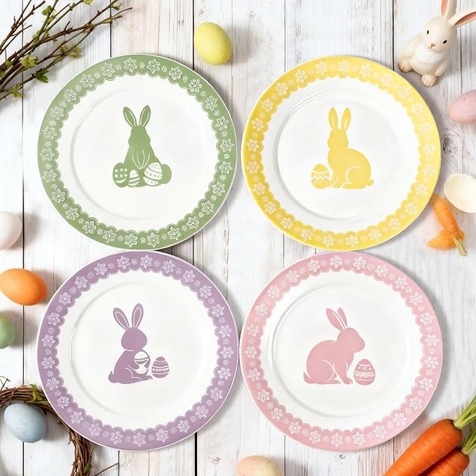 Rtteri Set of 4 Easter Bunny Salad Plate 9 Inch Pastel Spring Ceramic Dessert Plate for Home Easter Brunch Spring Party Kitchen Wedding Decor