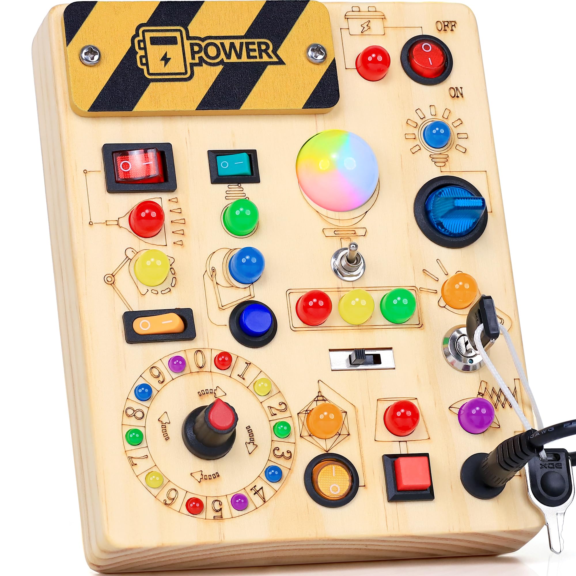 Busy Board Toddler Toys Montessori Toys for 1-3 Year Old Boy Girl Birthday Gift for Grandkids, 37 in 1 LED Light Up Sensory Wooden Montessori Switch Board Toy - Learn and Travel (6.7 x 5.3)