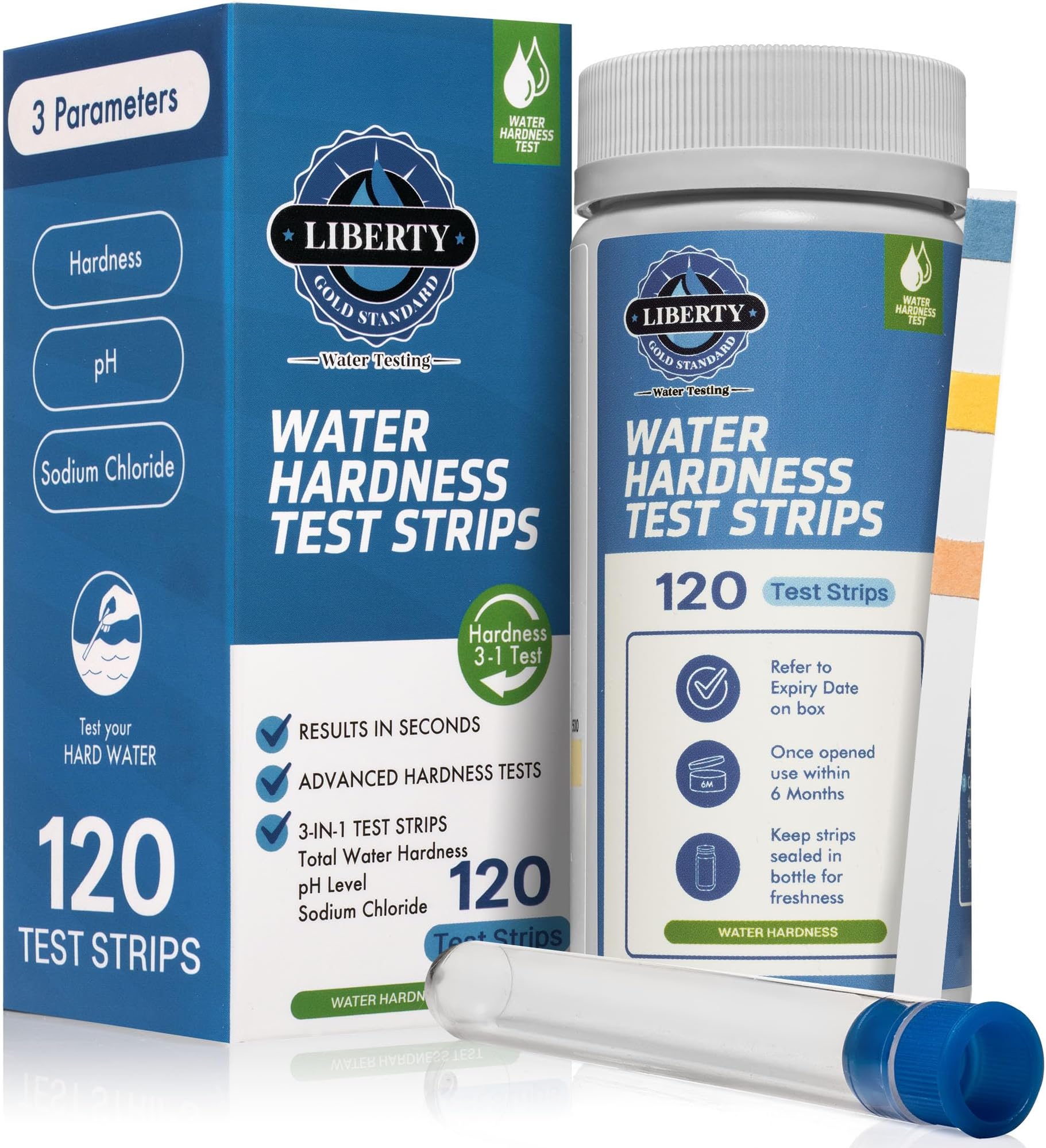 Liberty Gold Standard© Water Hardness 3-1 Test Strips (120-Piece): Water Testing Kit for Home, Drinking, Well, Spa, Swimming Pool, Softener, Dishwasher for Calcium Magnesium and Salt Levels