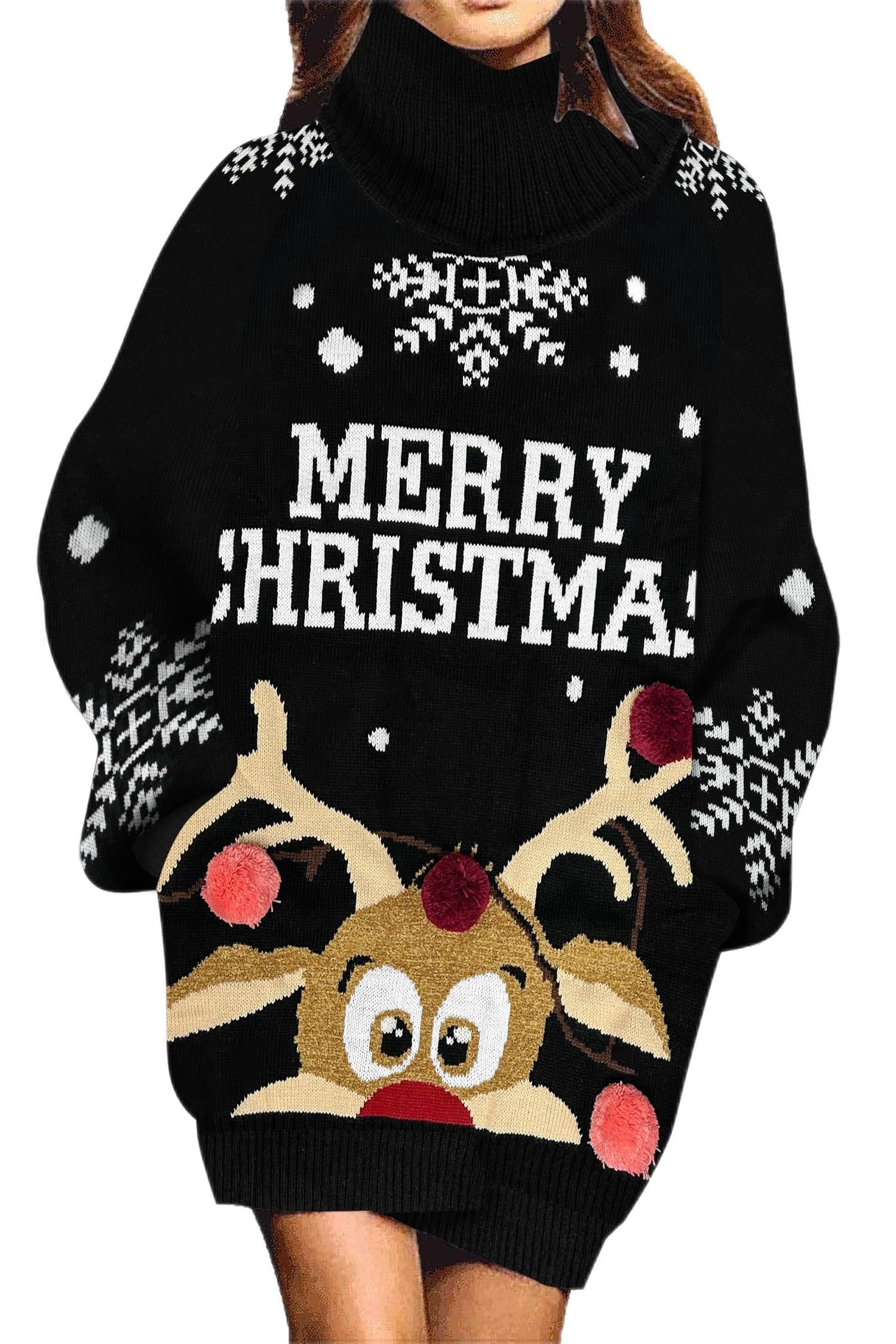 Jumppmile Womens Ugly Christmas Xmas Oversize Turtleneck Pullover Sweater Dress with Pockets