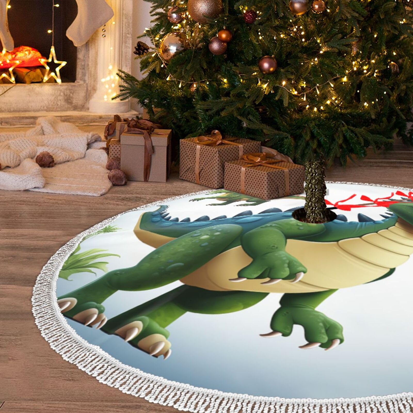 Jupe de sapin de Noël 122 cm à pompons avec motifs originaux de dinosaures