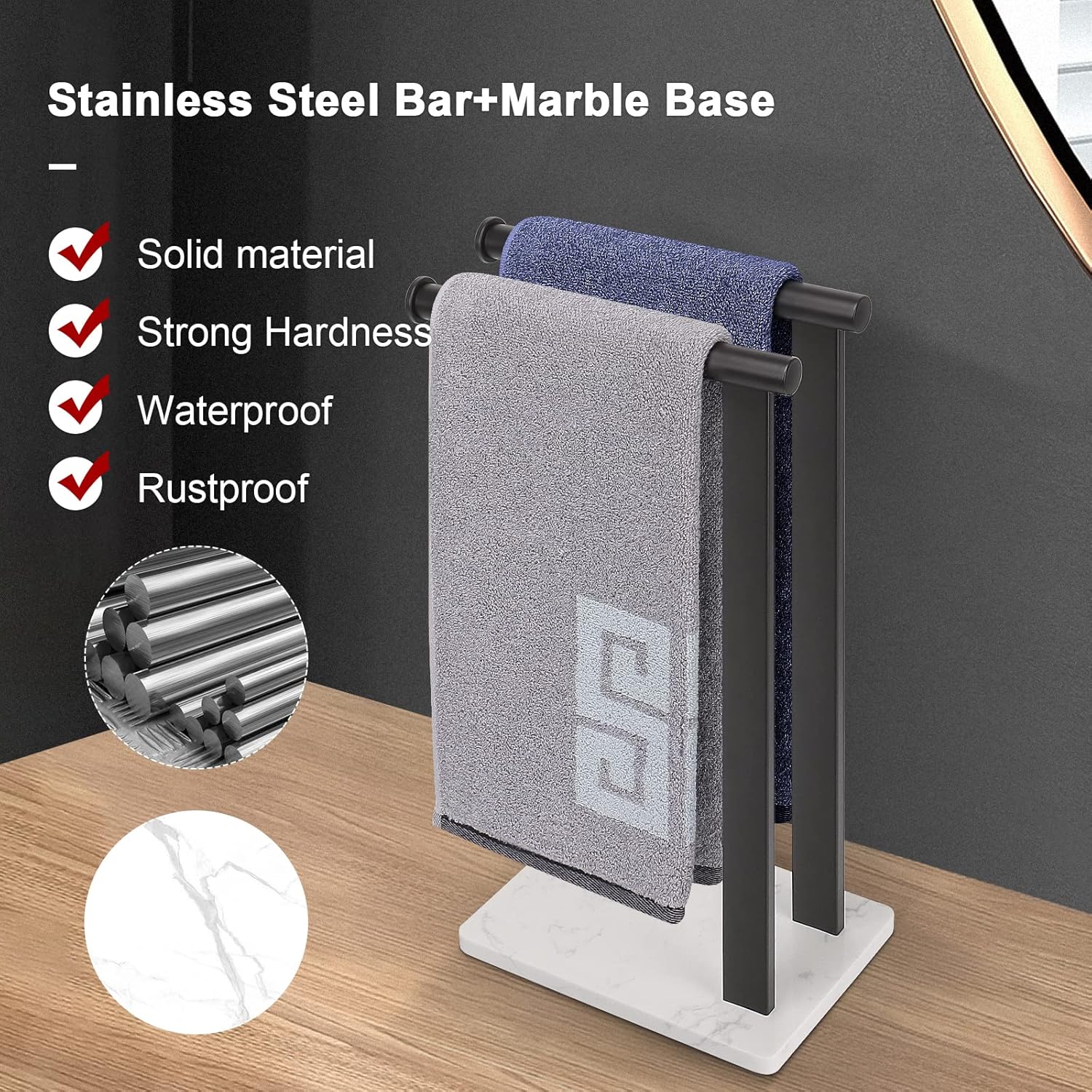 NearMoon Hand Towel Holder with Balanced Marble Base, SUS304 Stainless Steel Stand Towel Ring L Shape Hand Towel Rack Free-Standing Towel Bar for Bathroom Kitchen Countertop (Double Rod, Matte Black)