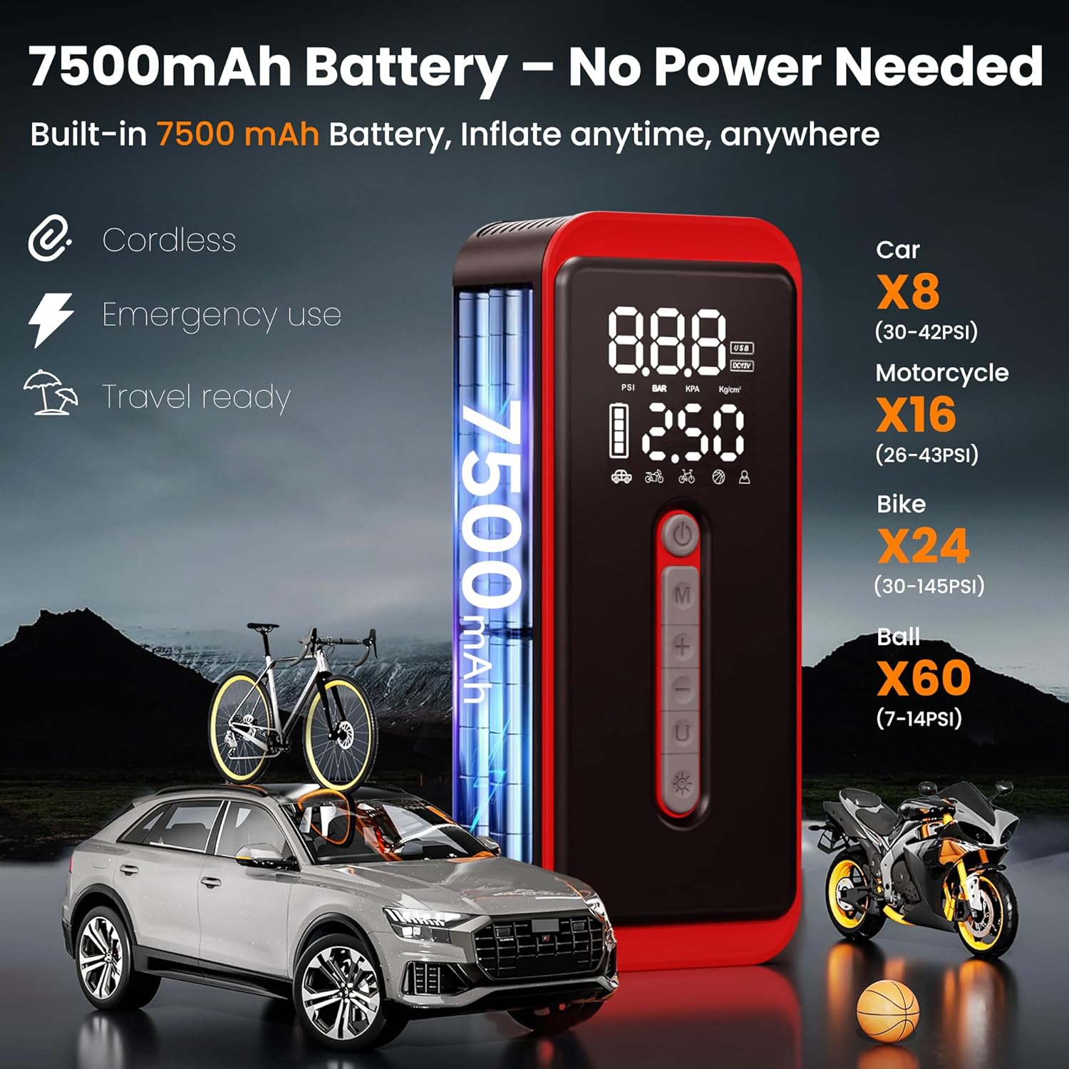 ROTOPATA Cordless Tire Inflator for Car Tires, Portable Air Compressor 150PSI with 7500mAh Battery, Digital Tire Pressure Gauge, Auto Shut Off, 12V DC Backup, LED Light for Car Bike Motorcycle Ball