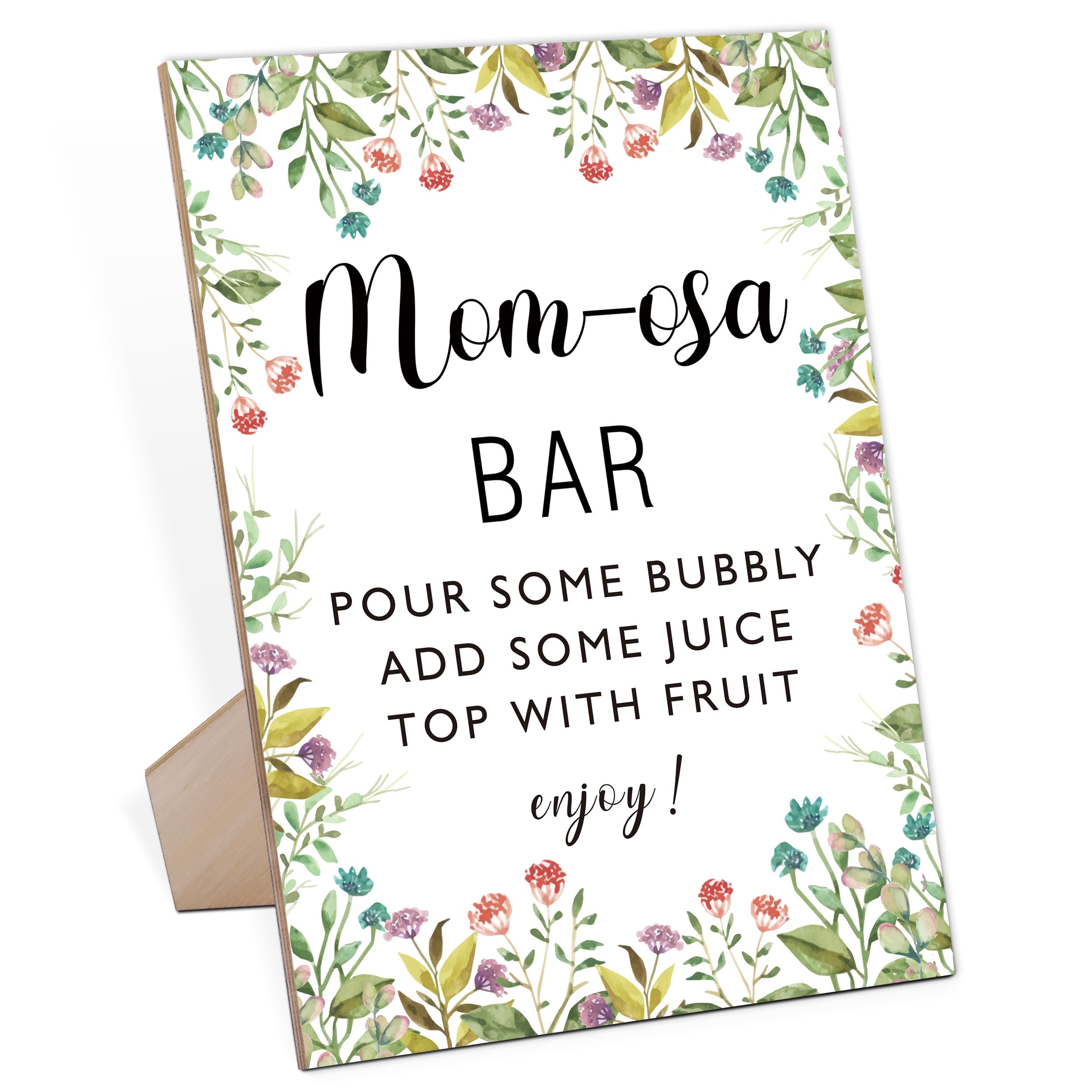Mom-osa Bar Baby Shower Sign - Greenery Champagne Tabletop Sign With Stand (8x11 Inches)