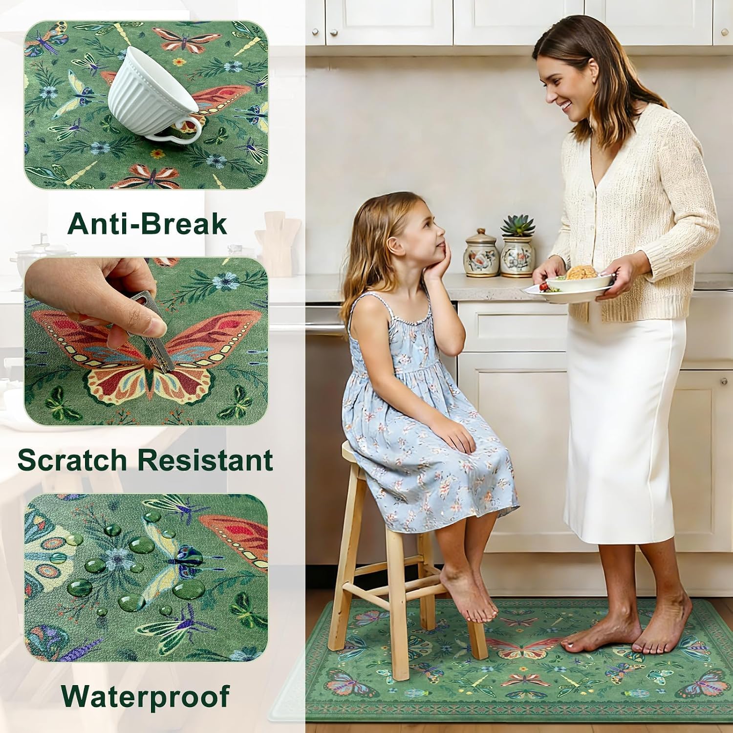 Yinhua Kitchen Rugs Sets of 2, Green Insect Kitchen Rugs Non Slip Washable, Farmhouse Anti Fatigue Mats for Kitchen Floor, PVC Waterproof Rug for Spring Summer, 18"x30"+18"x48"