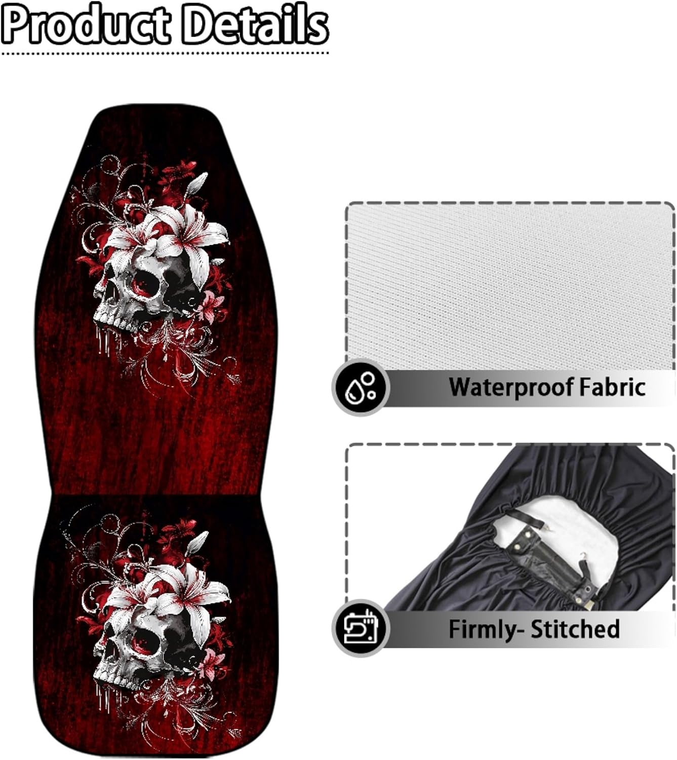Gothic Skull Car Front Seat Covers Front Seat Cover Front Bucket Seat Covers Removable Automotive Accessories Universal Fit for Cars SUV Van Sedan Trucks Red