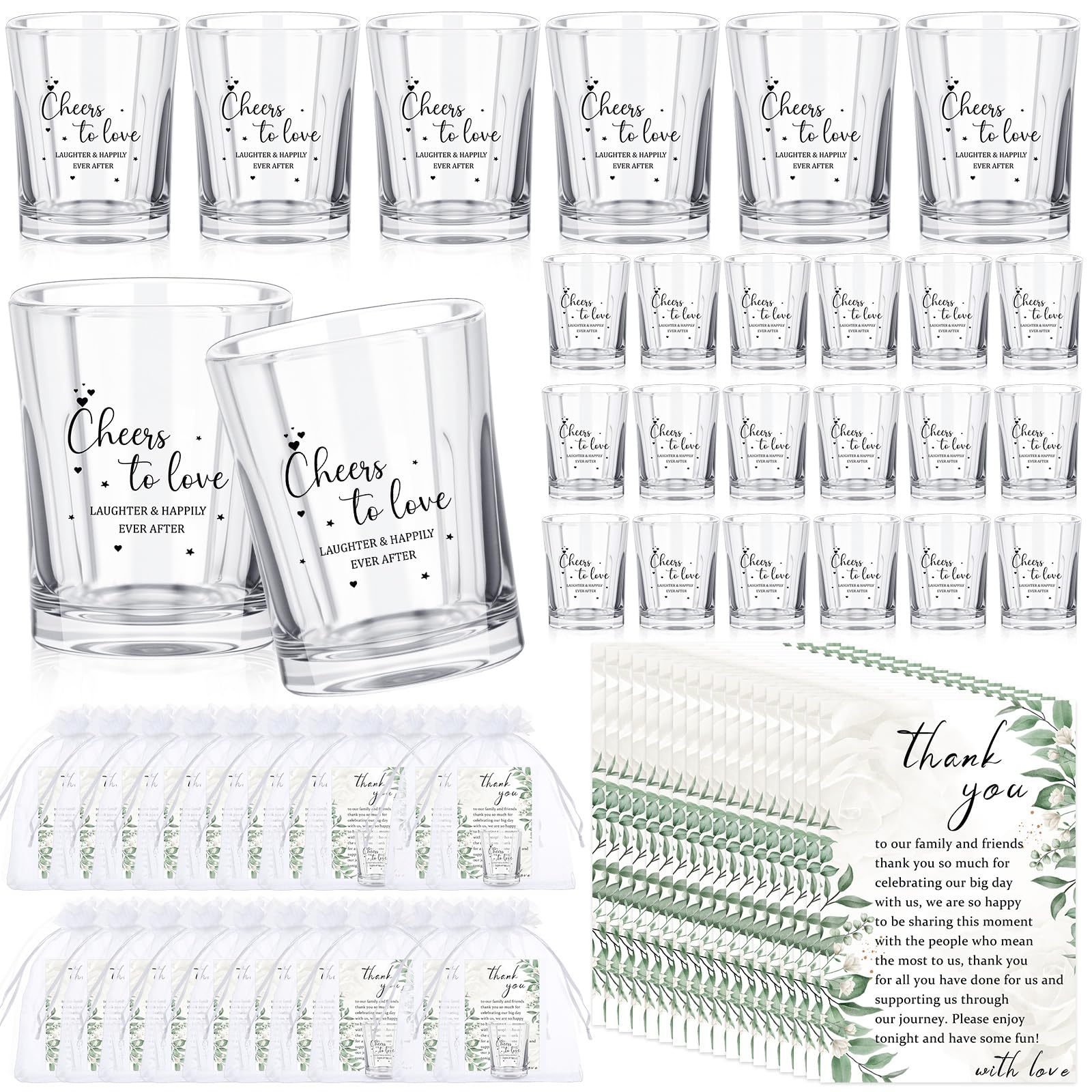 Roshtia 50 Sets Wedding Favors for Guests 2 oz Wedding Shot Glasses Take a Shot We Tied the Knot Glasses Cups with Thank You Cards and Organza Bags for Bridal Shower Party Supplies