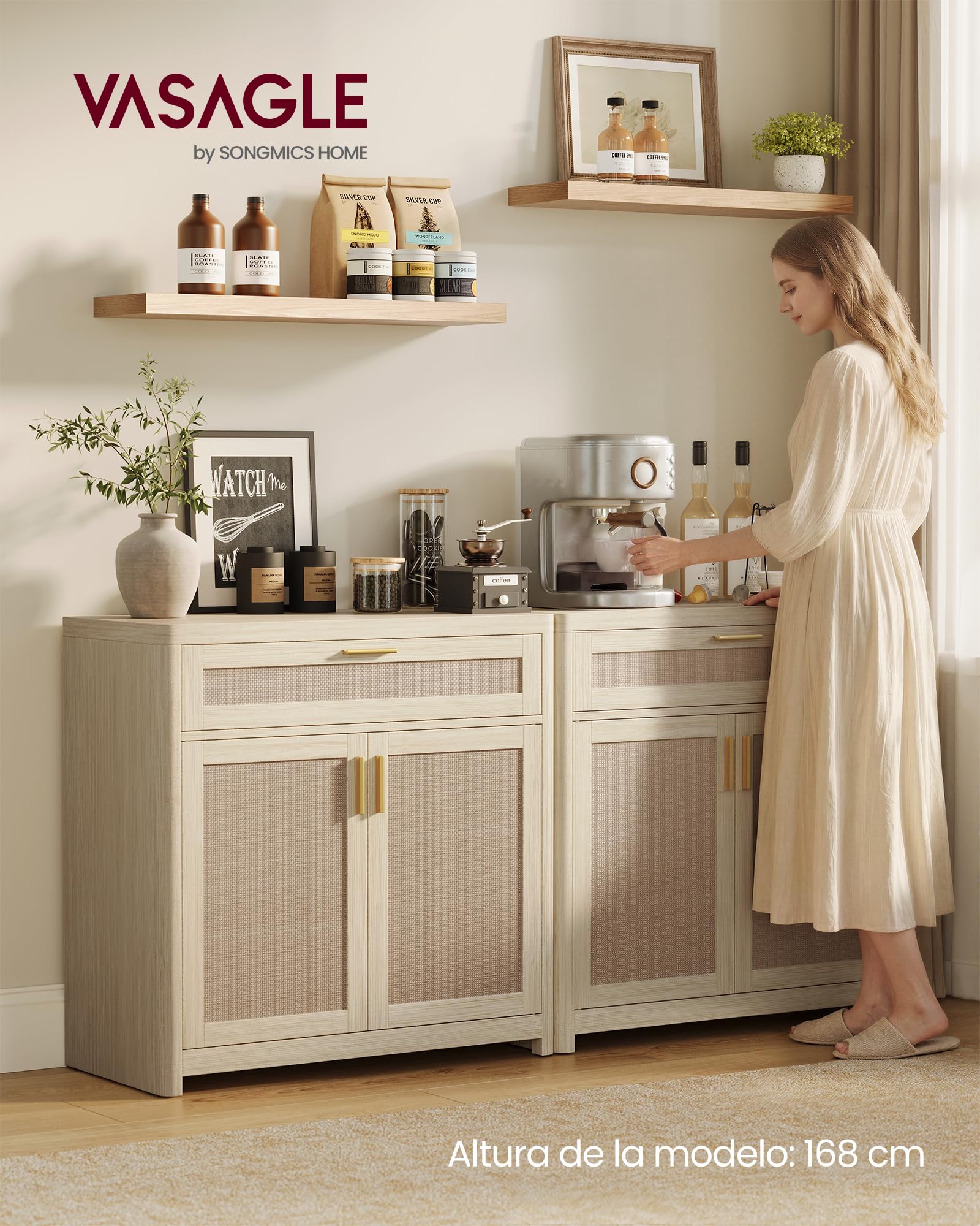 VASAGLE ELLAN Colección - Aparador de Estilo Boho con Puertas Efecto Ratán, Mueble de Cocina, Esquinas Redondeadas, Estante Ajustable, Cajón, Comedor, Beige Natural BBK601LC01